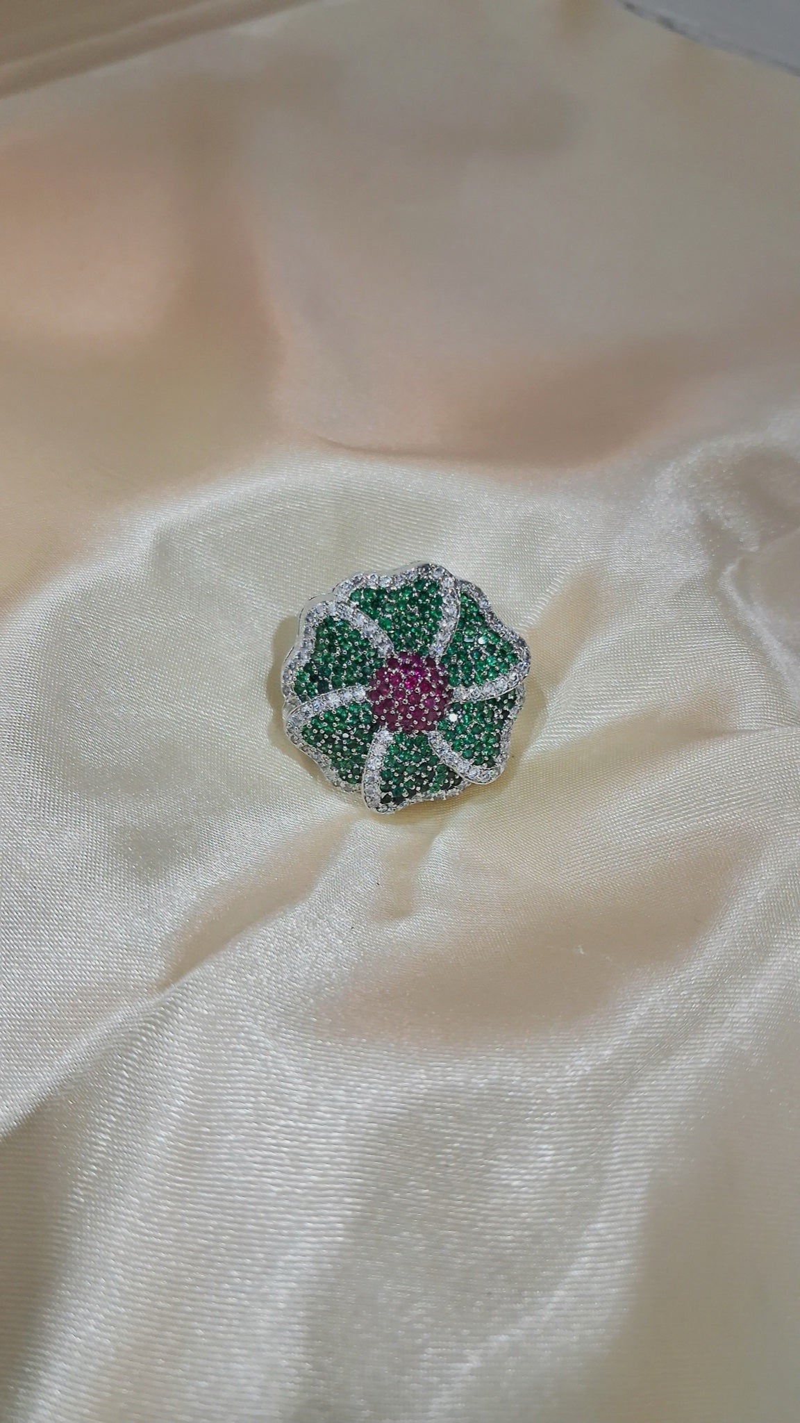 Green pavé flower stud earrings with pink centre - view 2