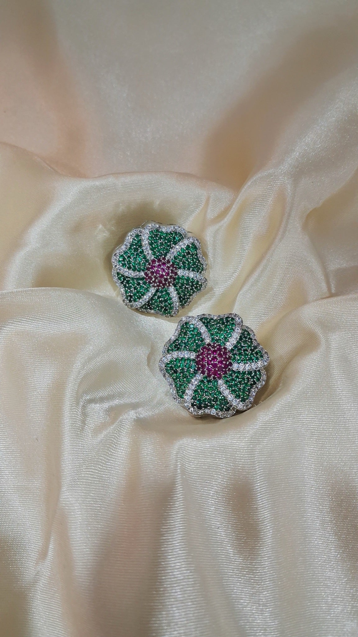 Green pavé flower stud earrings with pink centre - view 3