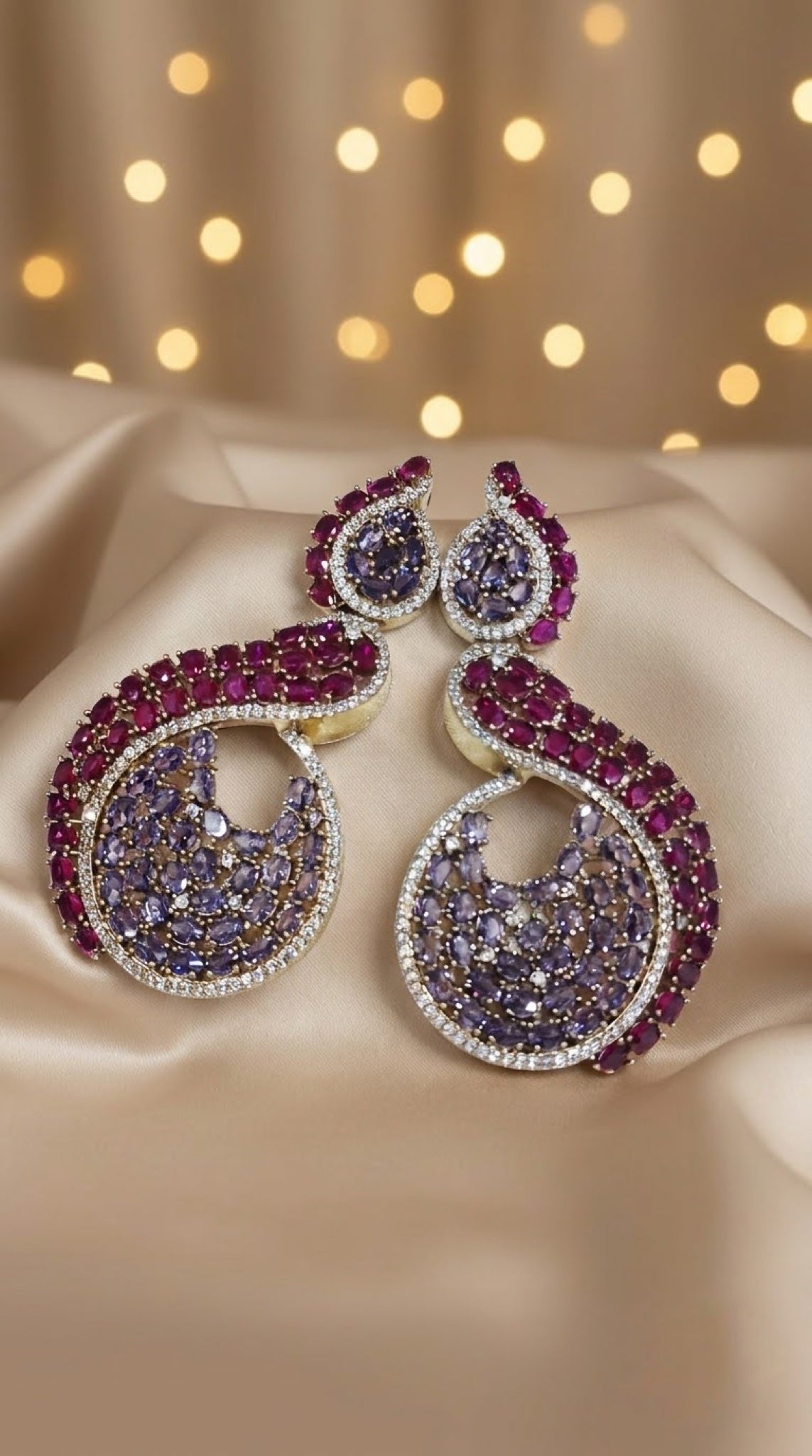 Swirl crescent earrings with magenta and lilac stones