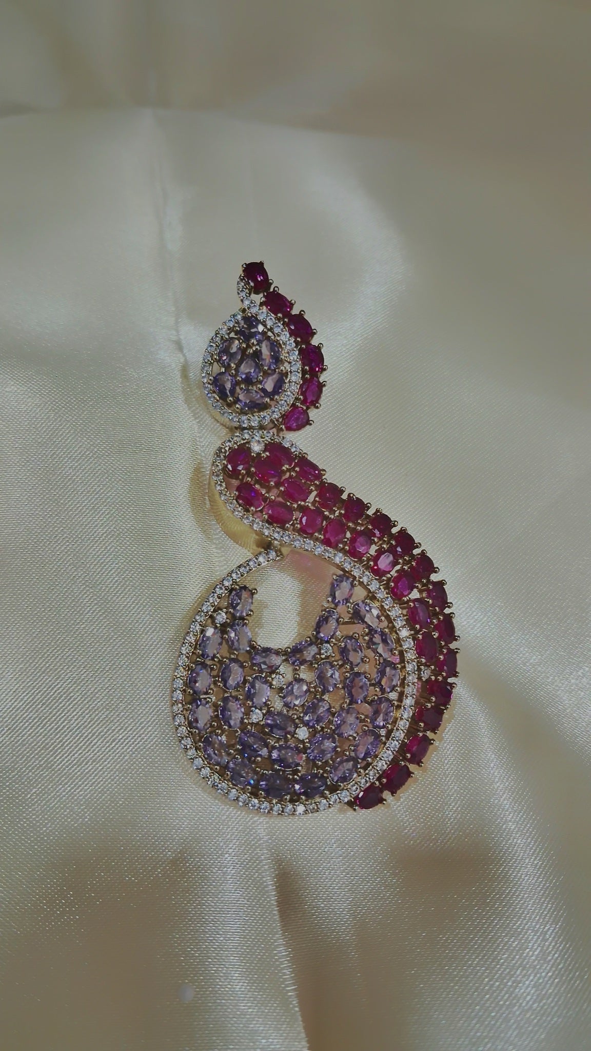 Swirl crescent earrings with magenta and lilac stones - view 2