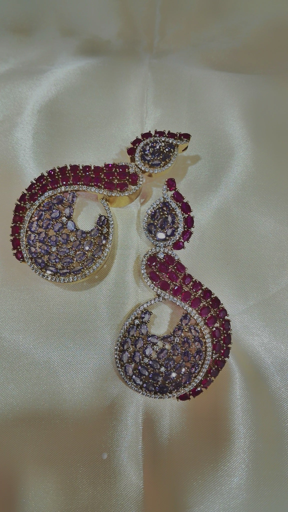 Swirl crescent earrings with magenta and lilac stones - view 3