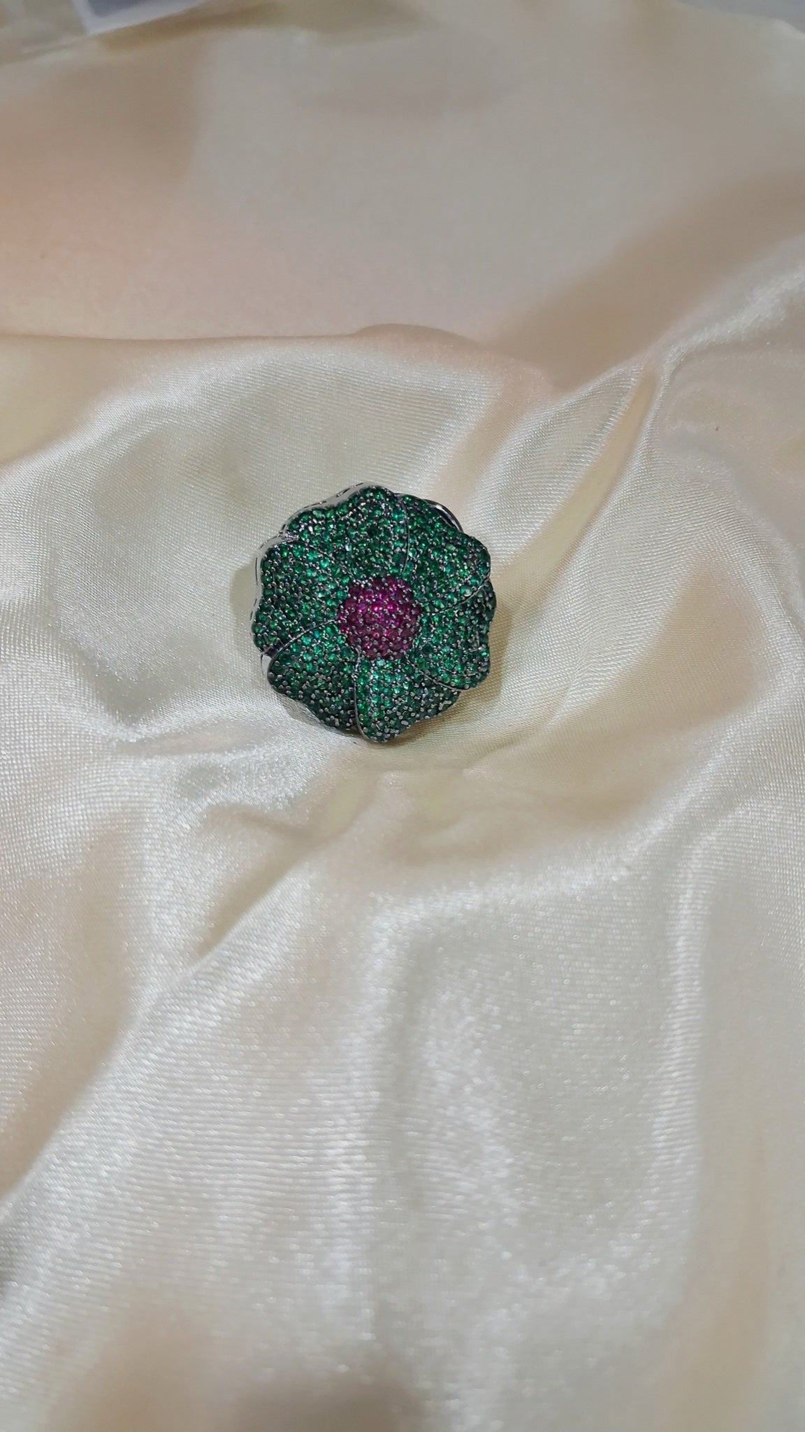 Green shimmer flower stud earrings with purple centre - view 2