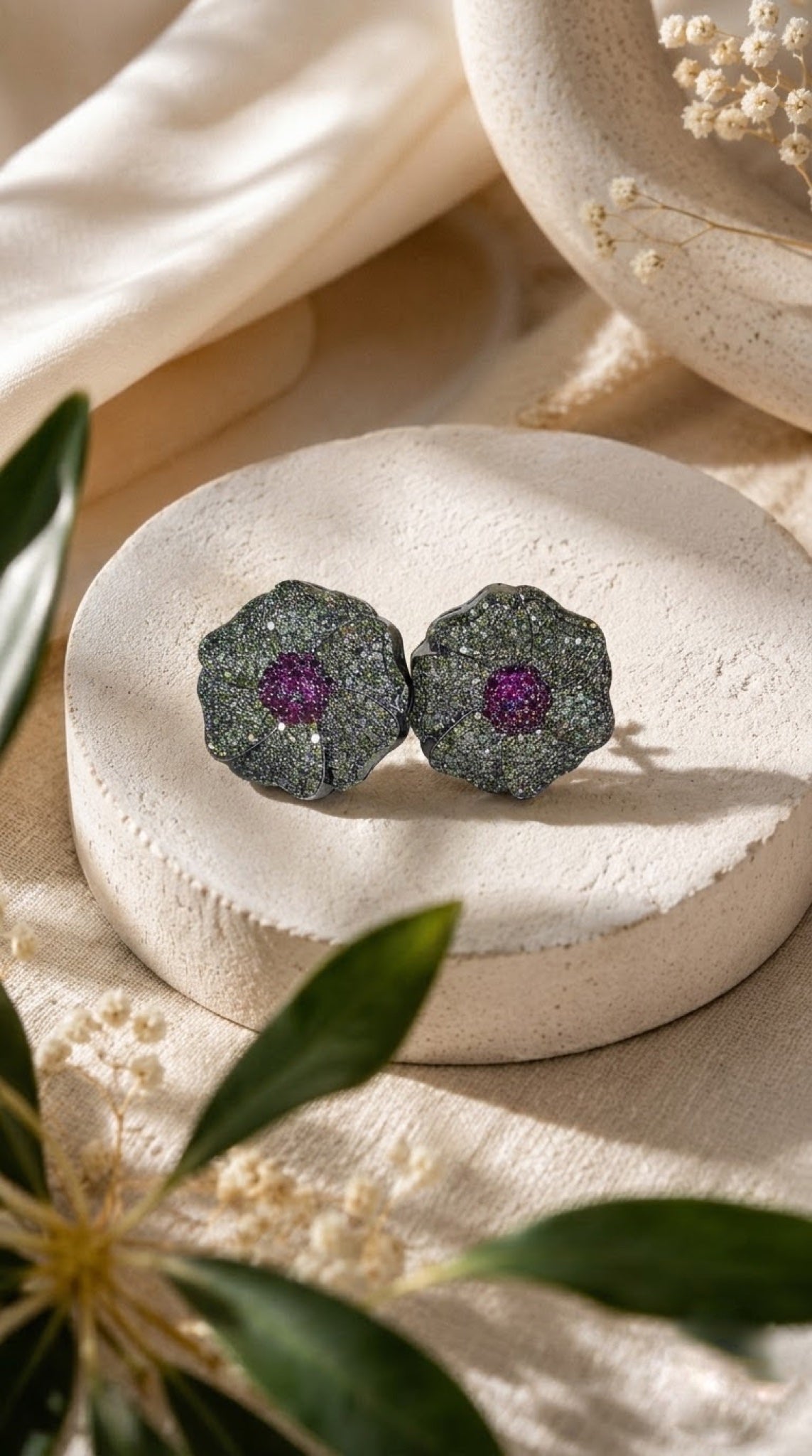 Olive-grey shimmer flower stud earrings with magenta centre