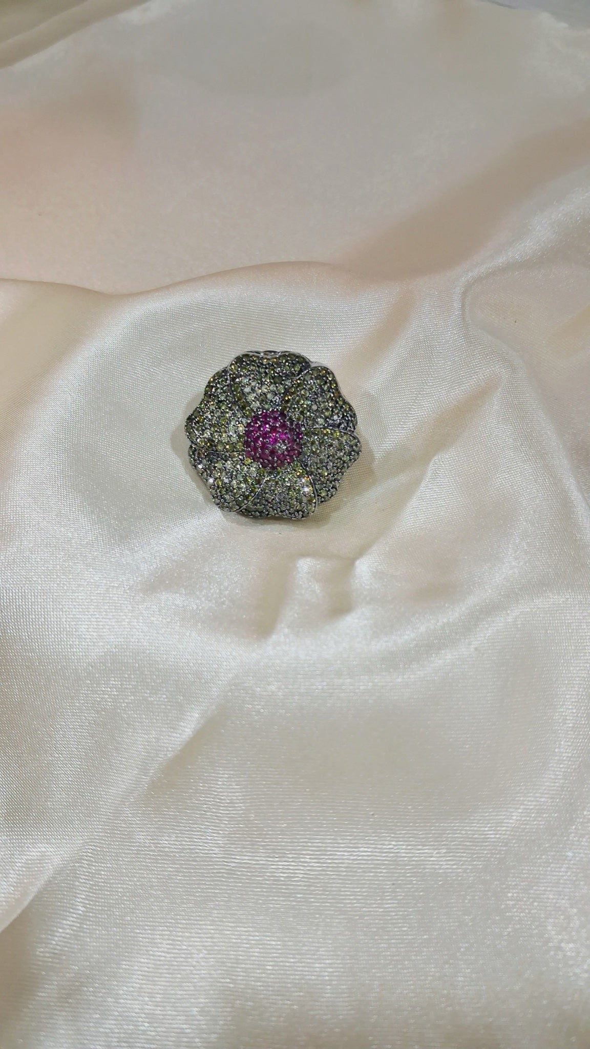 Olive-grey shimmer flower stud earrings with magenta centre - view 2