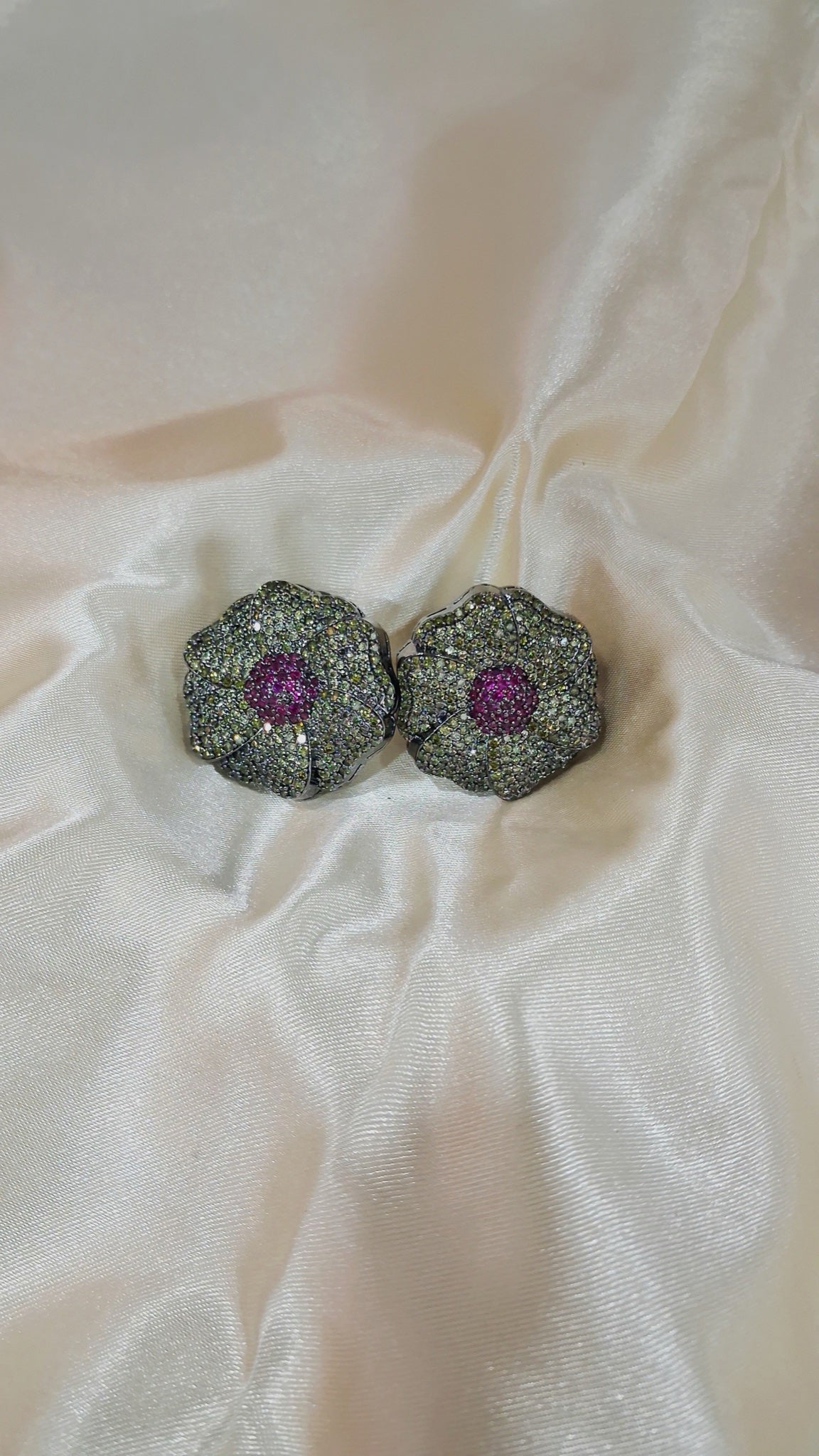 Olive-grey shimmer flower stud earrings with magenta centre - view 3
