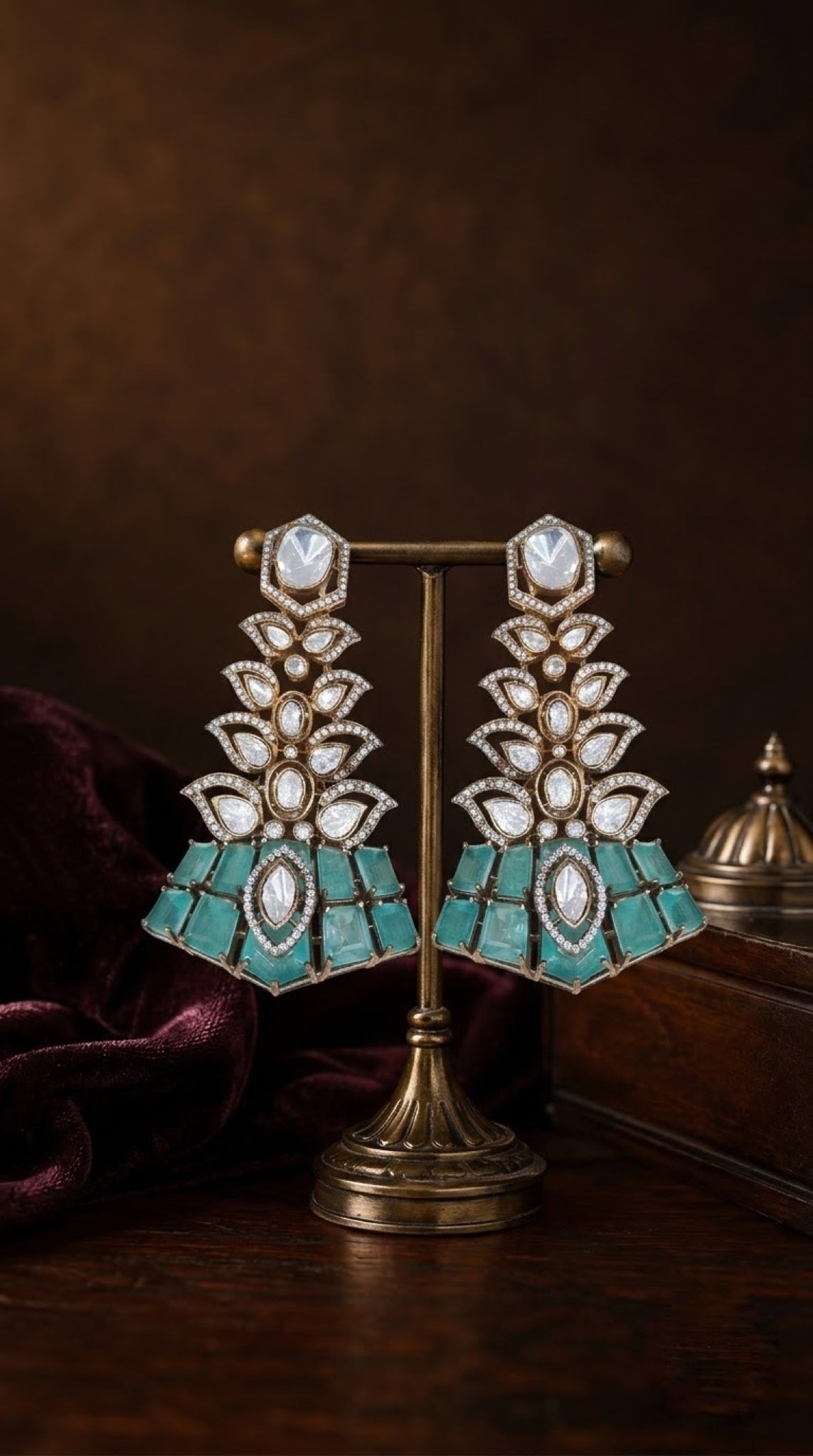 Antique gold-tone tiered earrings with polki-look stones and aqua base