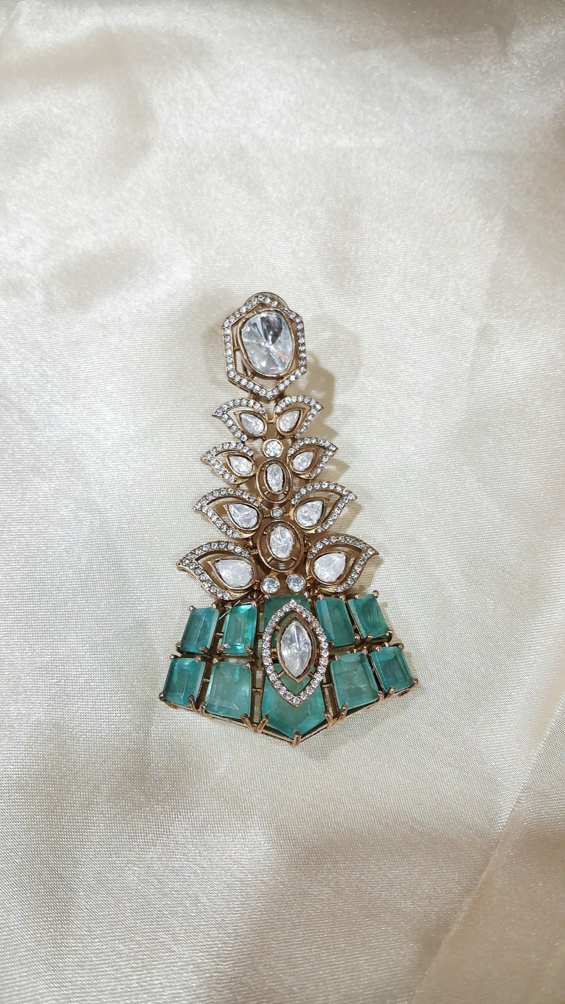 Antique gold-tone tiered earrings with polki-look stones and aqua base - view 2