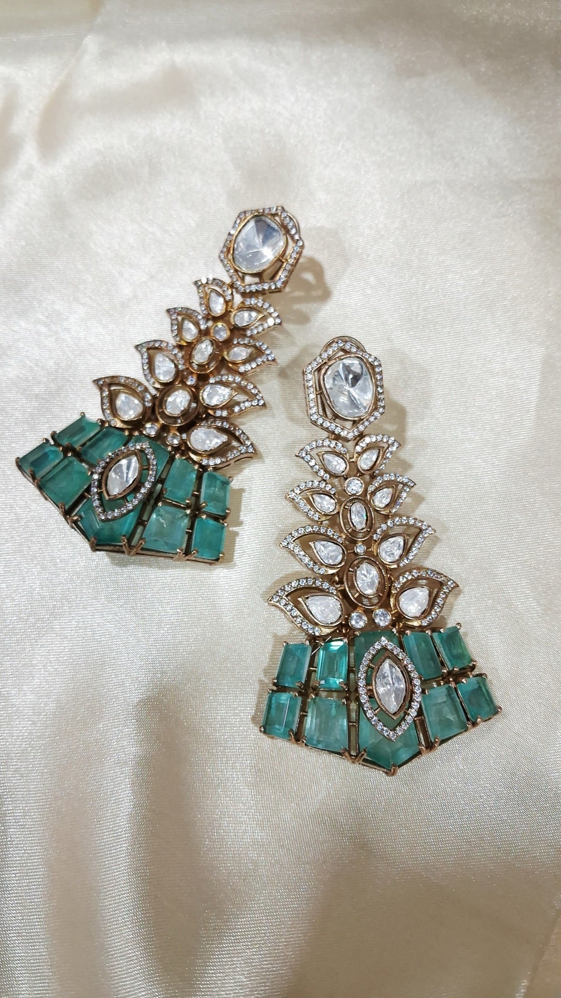 Antique gold-tone tiered earrings with polki-look stones and aqua base - view 3