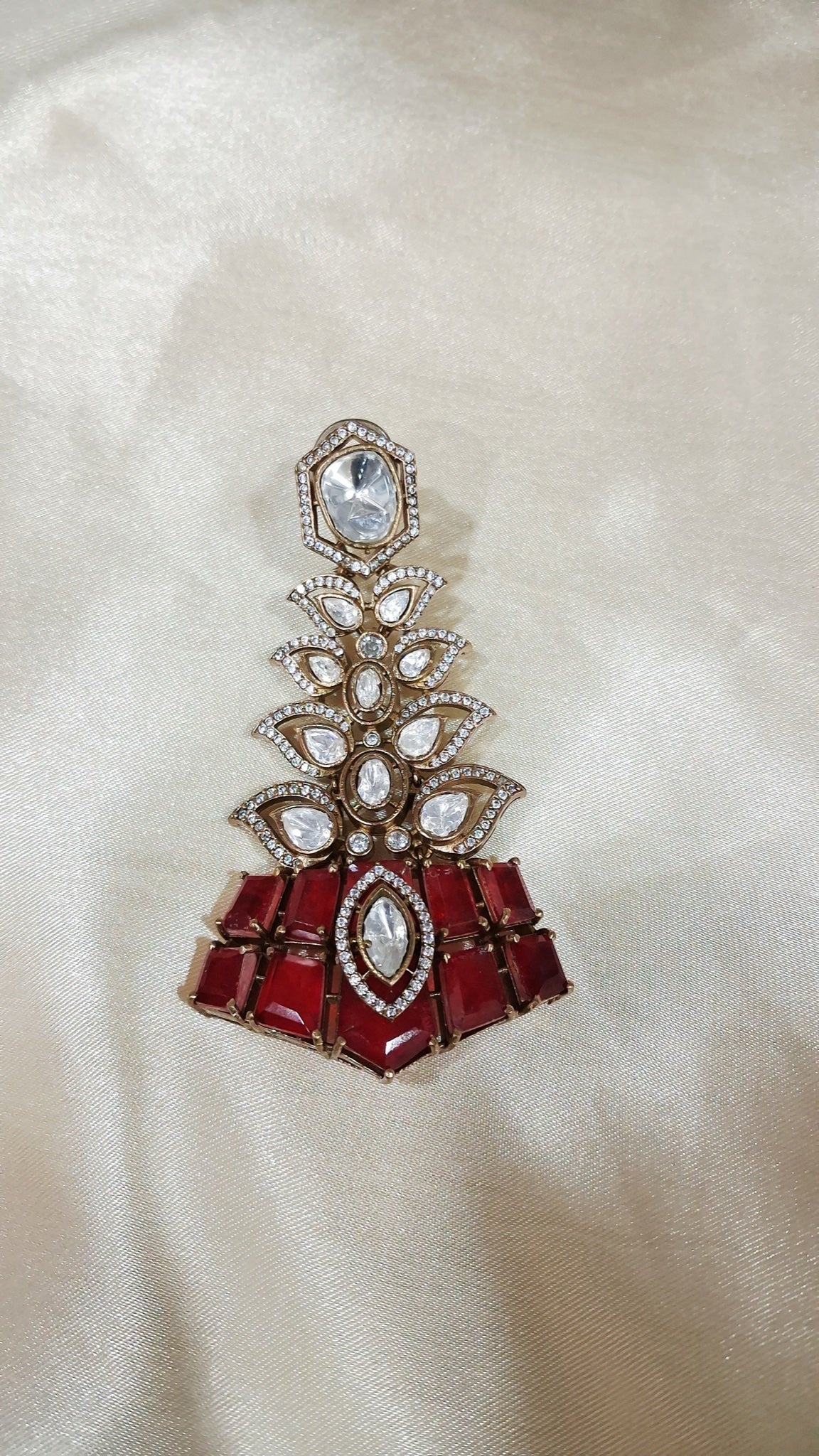 Antique gold-tone tiered earrings with polki-look stones and red base - view 2