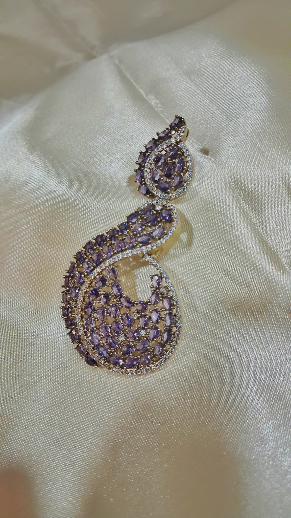 Swirl crescent earrings with lavender stones and crystal outline - view 2