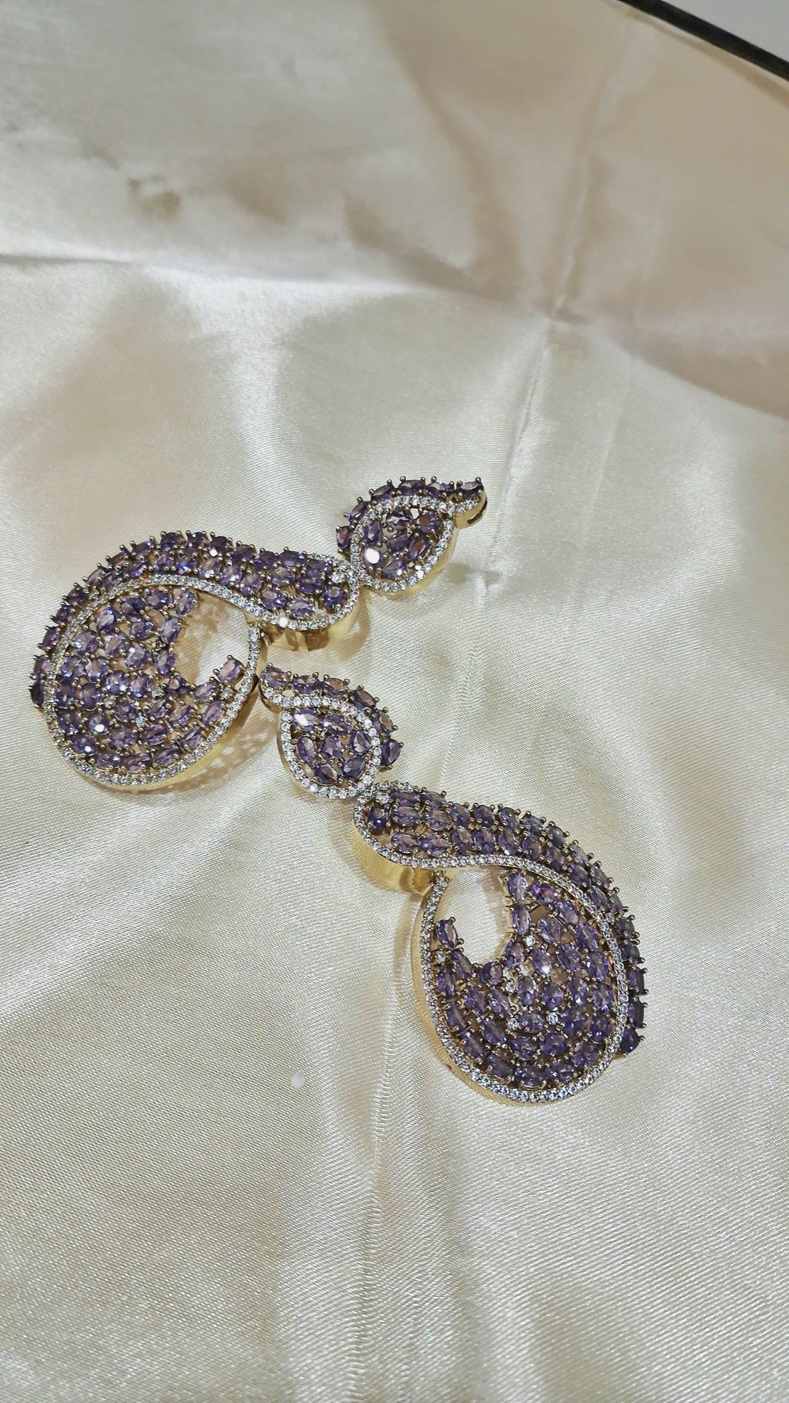 Swirl crescent earrings with lavender stones and crystal outline - view 3