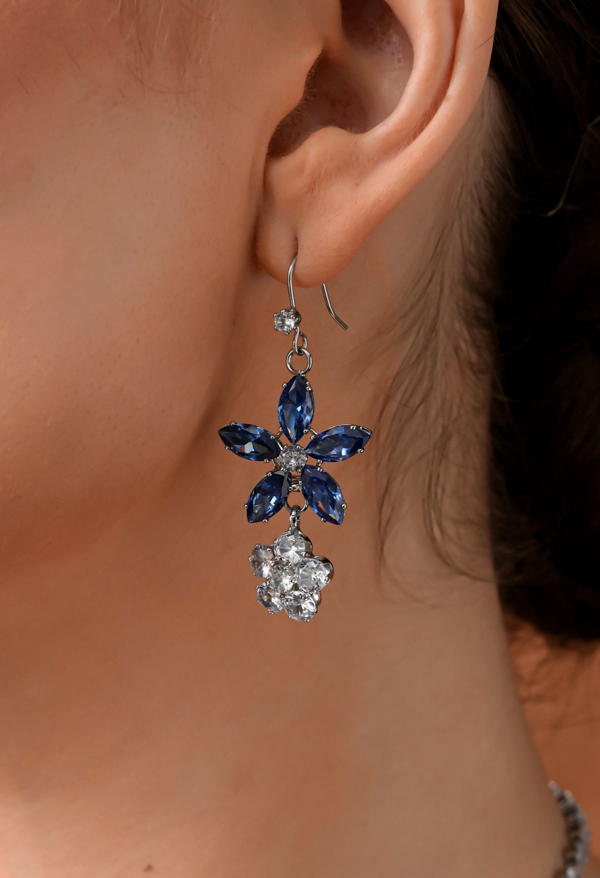Silver-tone necklace set with blue crystal starflowers and clear crystal blossoms - view 3