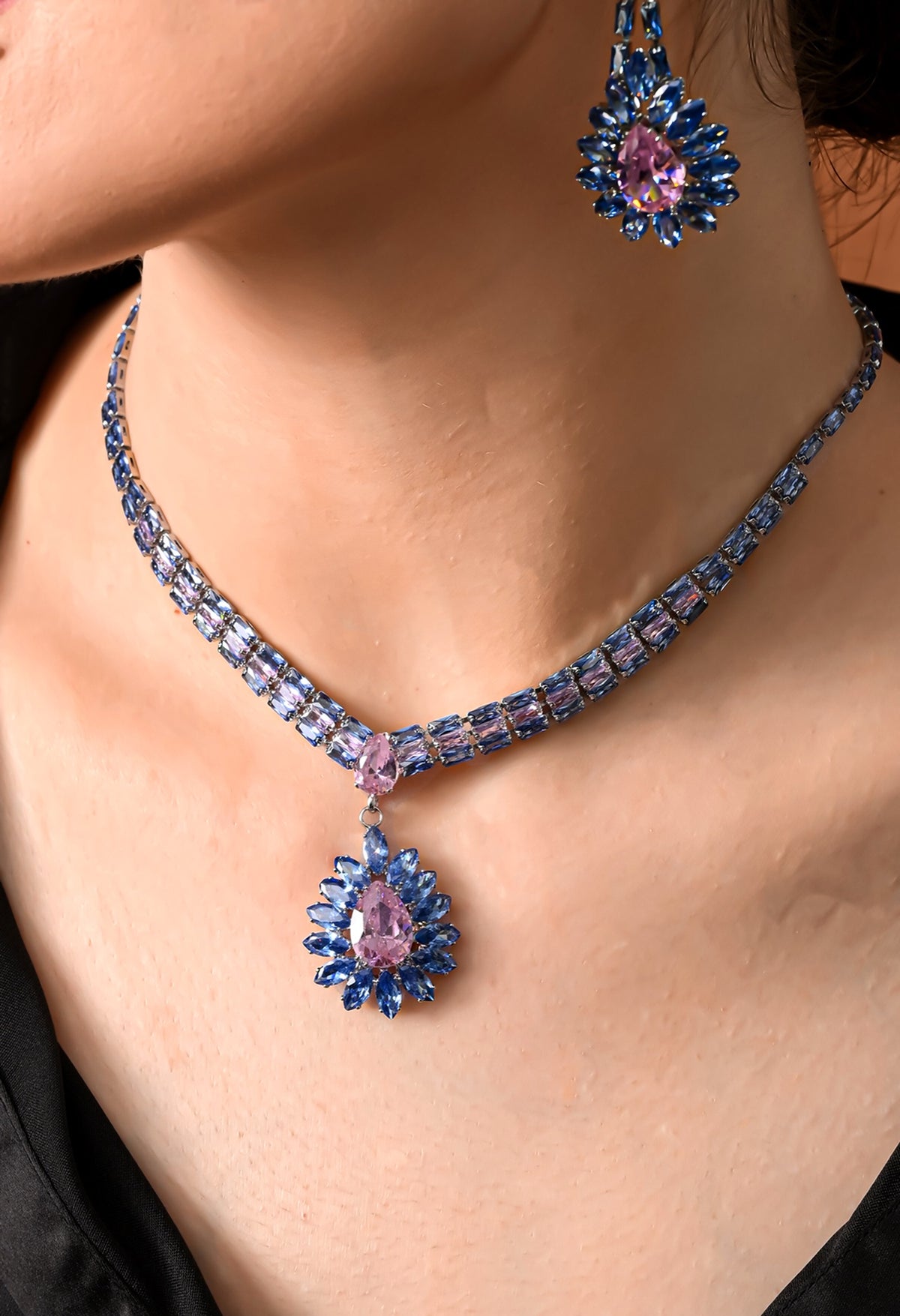 Silver-tone blue crystal collar necklace set with pink teardrop halo pendant - view 3
