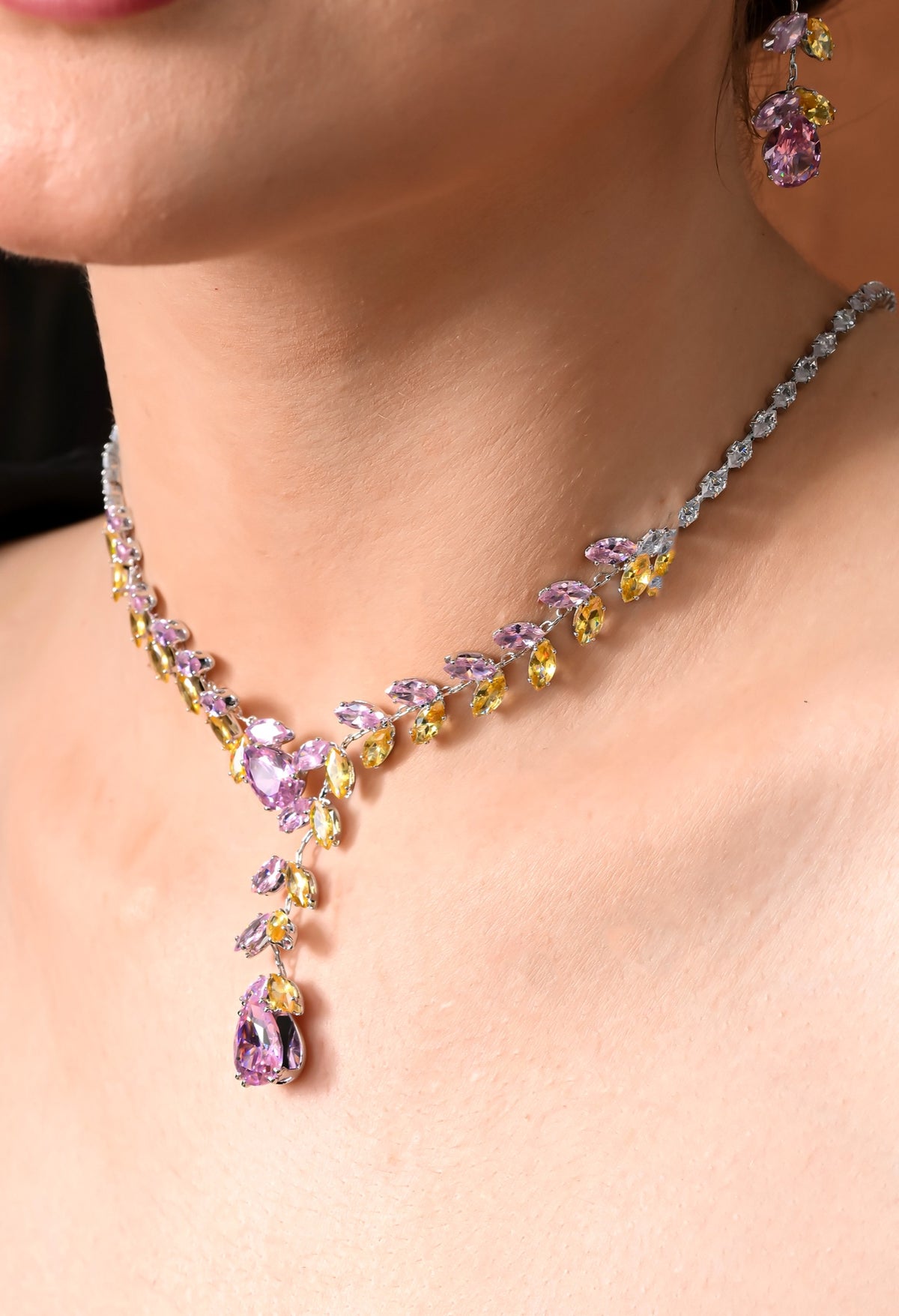 Silver-tone necklace set with pink and yellow crystal vine - view 2