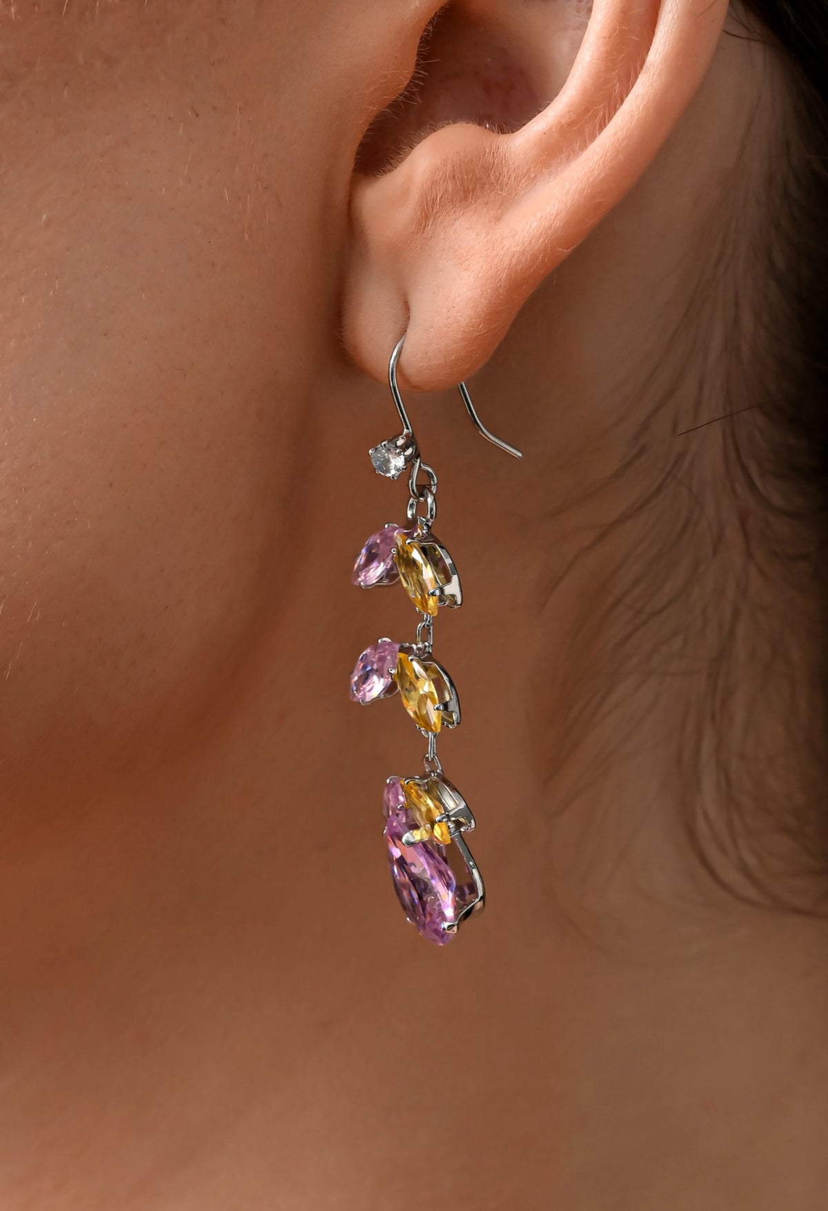Silver-tone necklace set with pink and yellow crystal vine - view 3