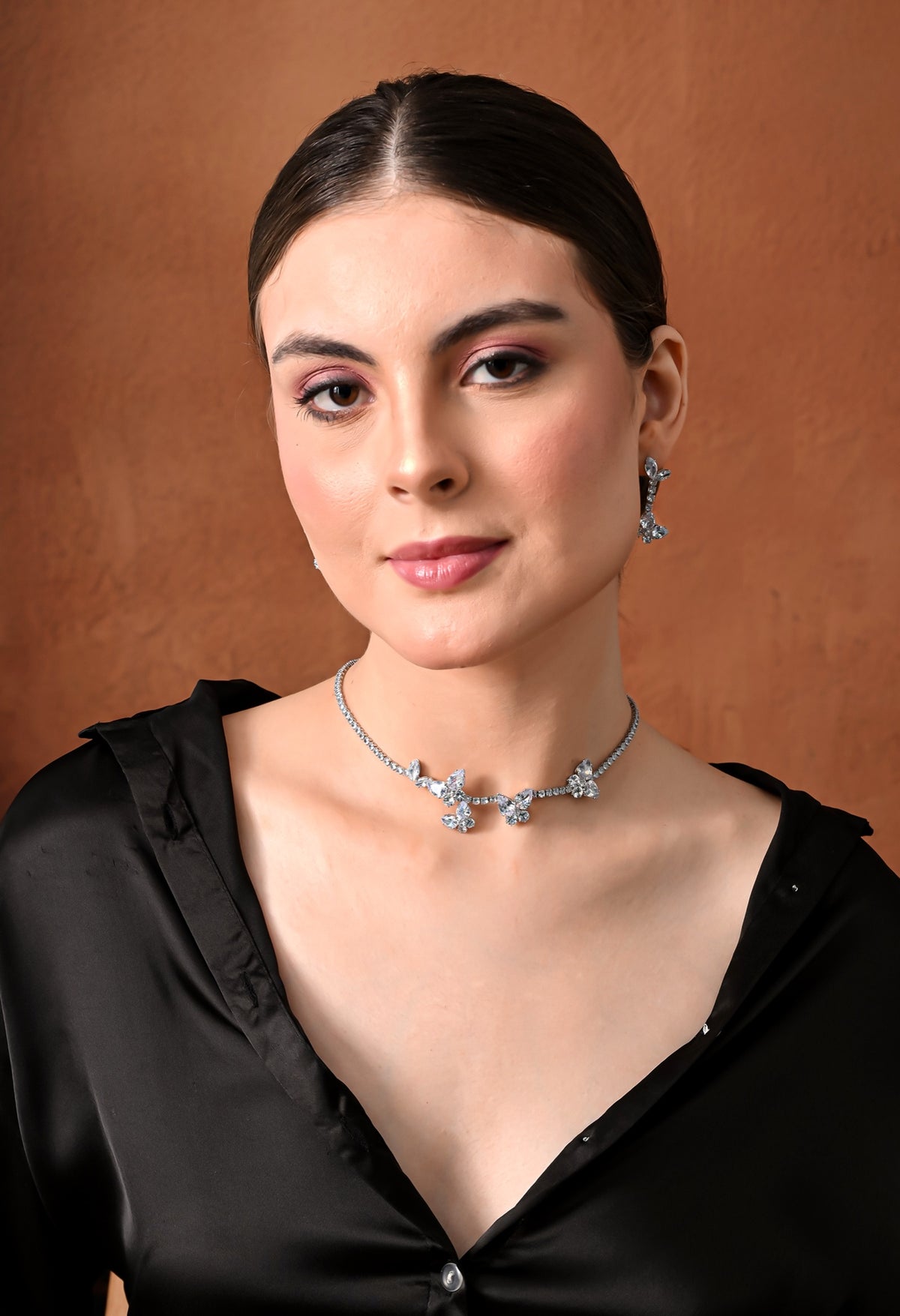 Silver-tone clear crystal butterfly choker necklace set
