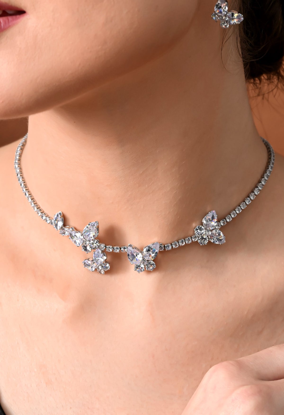Silver-tone clear crystal butterfly choker necklace set - view 2