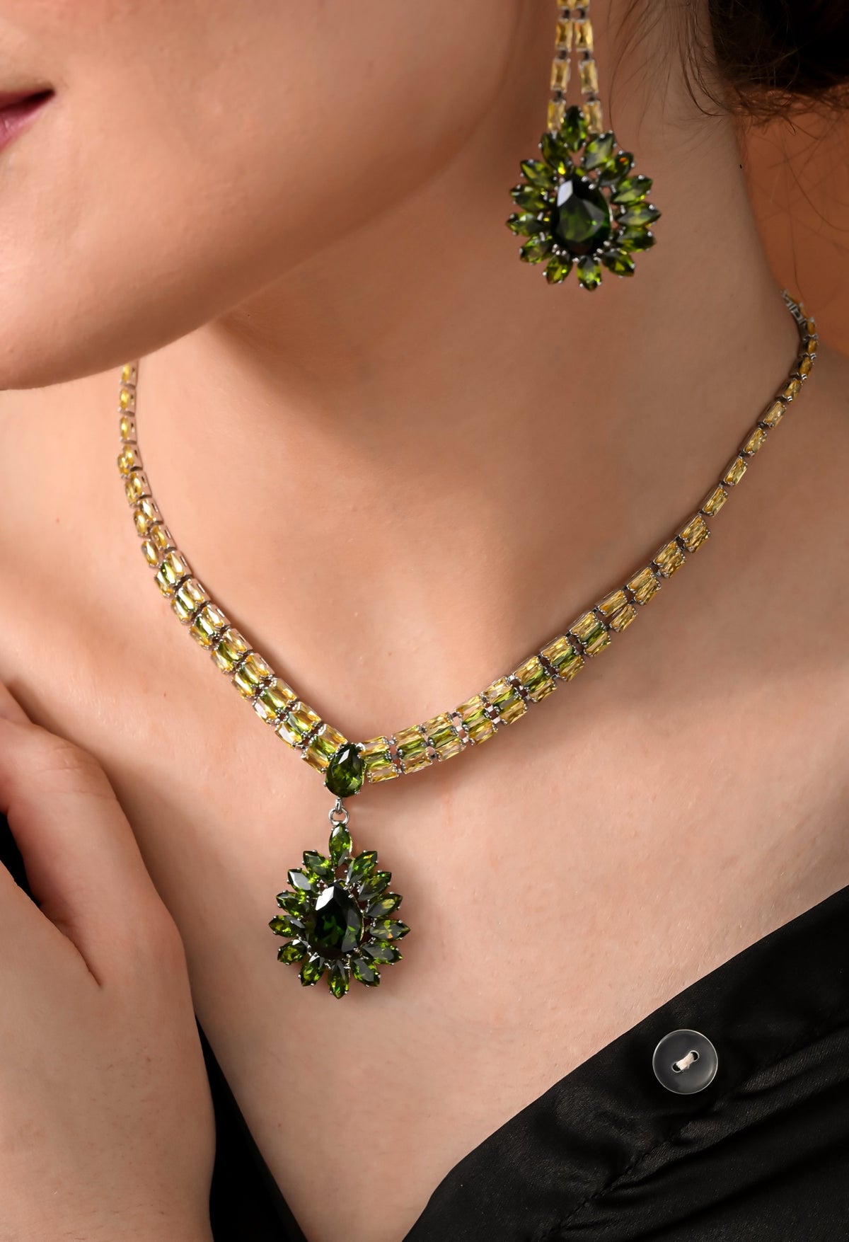 Green crystal collar necklace set with olive teardrop halo pendant - view 4
