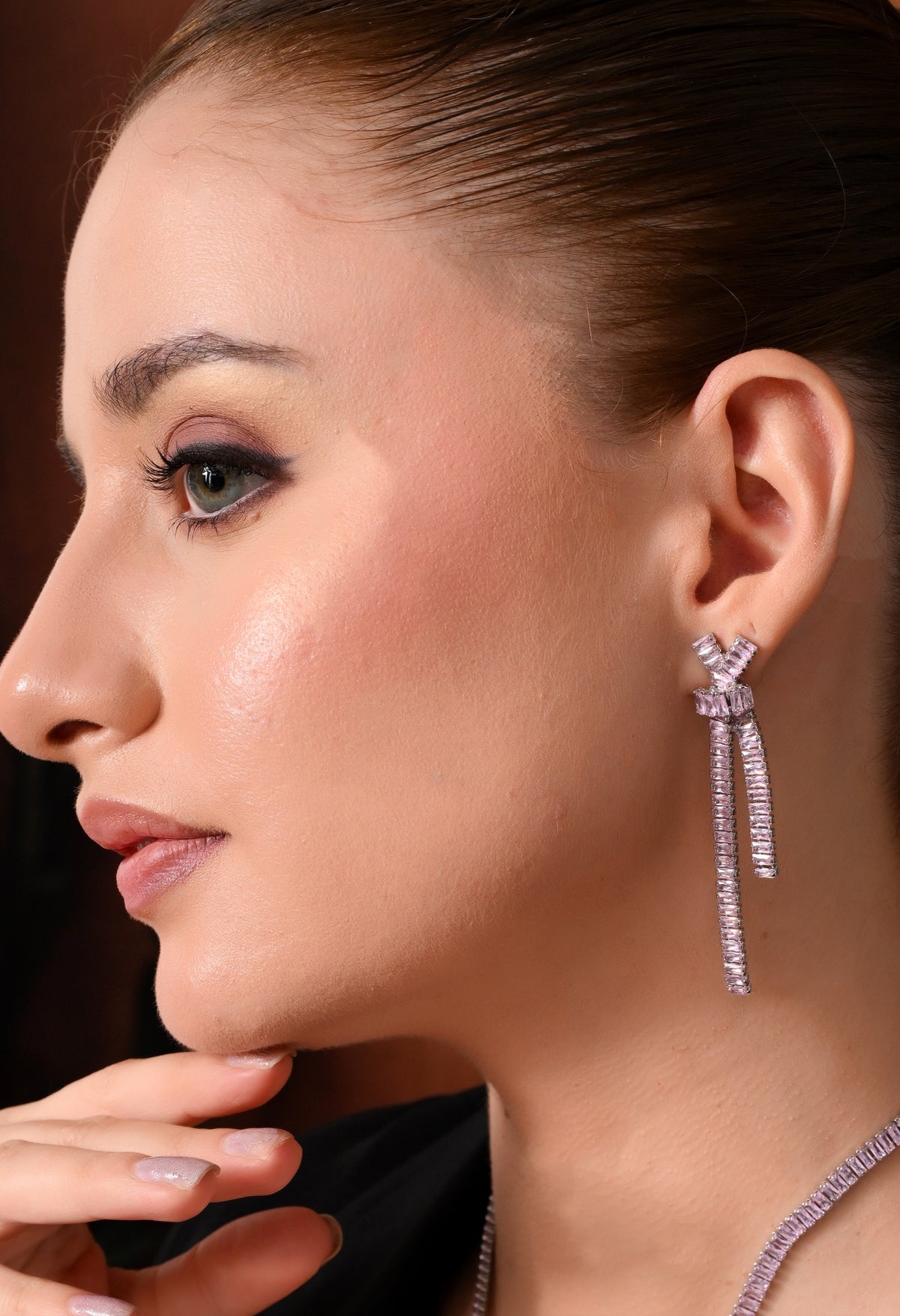 Silver-tone lilac crystal knot lariat necklace and earrings set - view 2