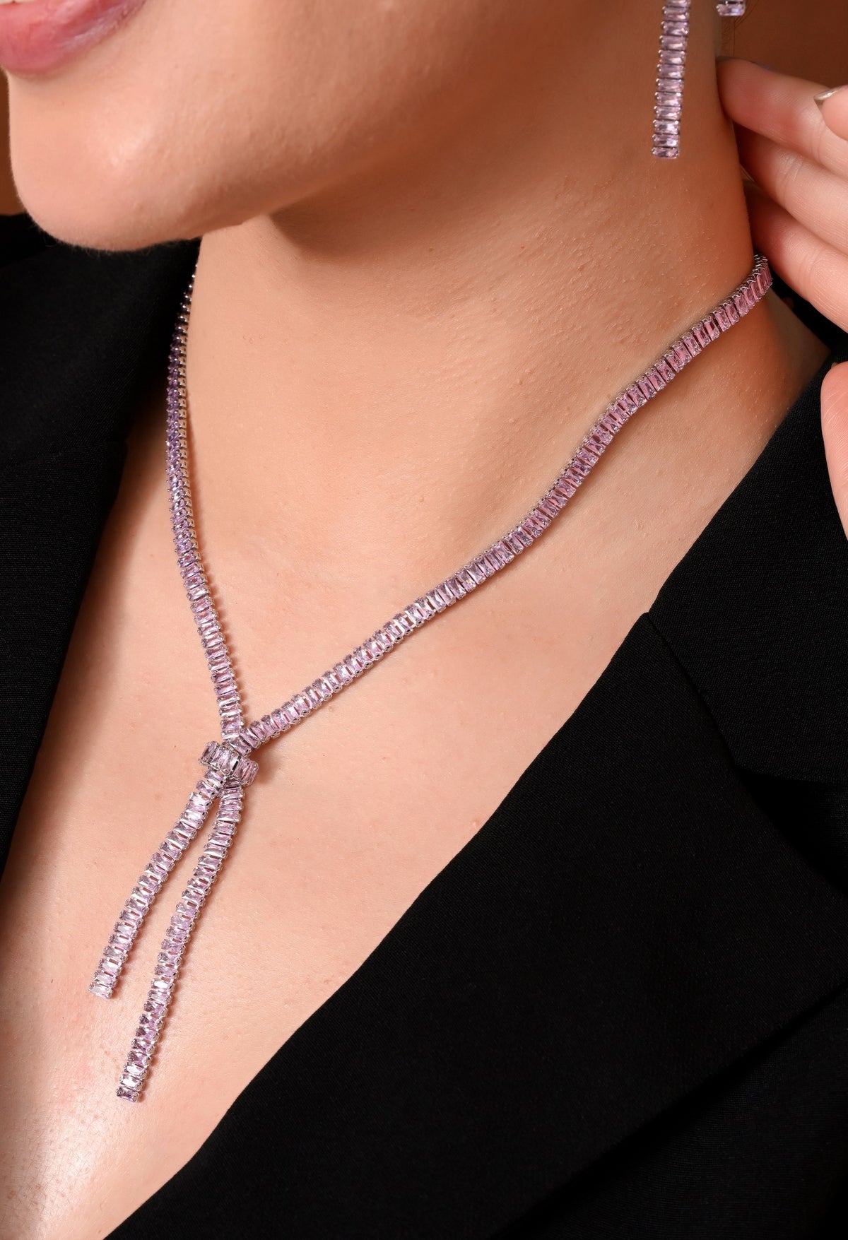 Silver-tone lilac crystal knot lariat necklace and earrings set - view 3