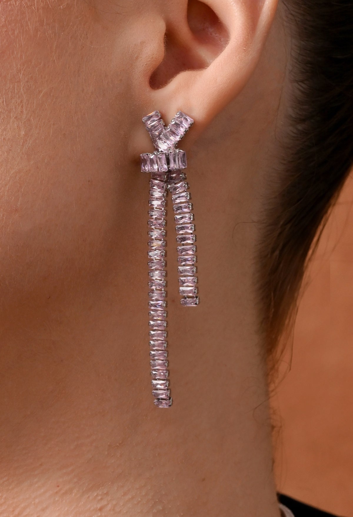 Silver-tone lilac crystal knot lariat necklace and earrings set - view 4