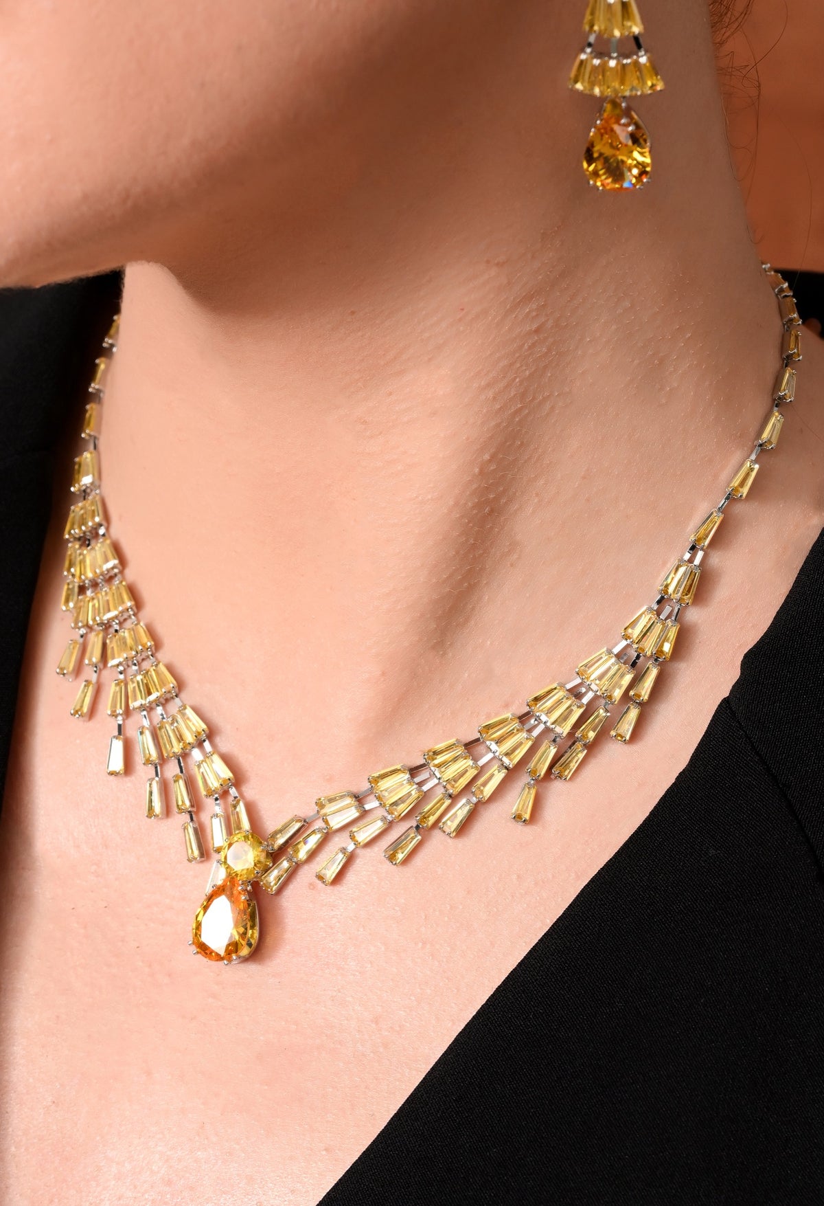 Silver-tone yellow baguette crystal necklace and tiered drop earrings set - view 2