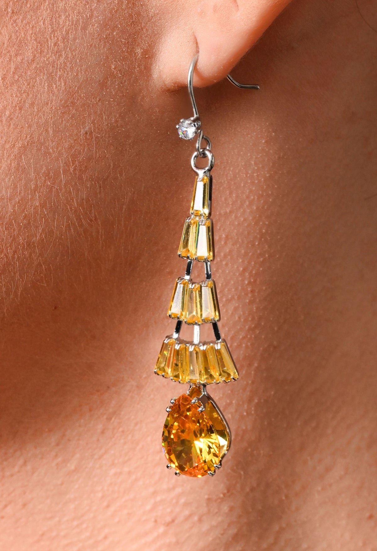 Silver-tone yellow baguette crystal necklace and tiered drop earrings set - view 3