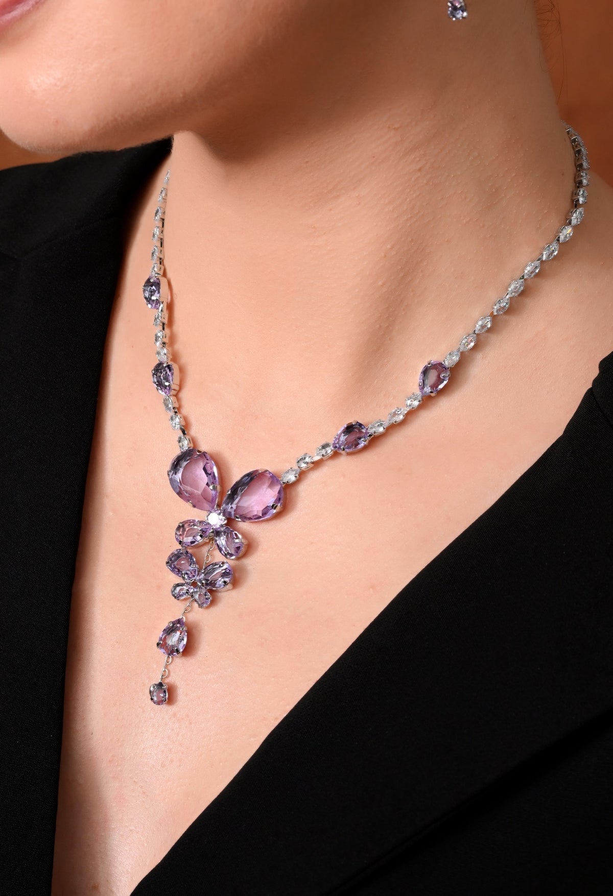Silver-tone lavender heart crystal necklace and drop earrings set - view 2