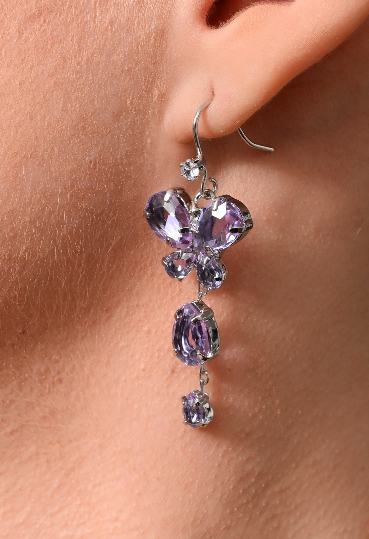 Silver-tone lavender heart crystal necklace and drop earrings set - view 3