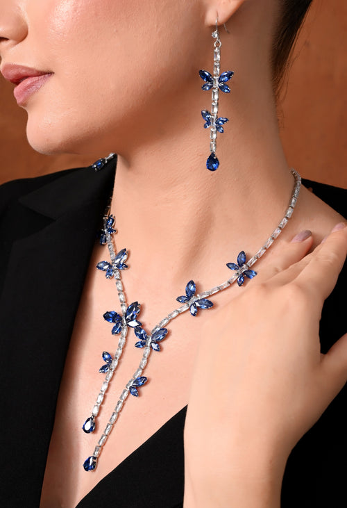 Silver-tone blue crystal butterfly necklace and drop earrings set - view 2