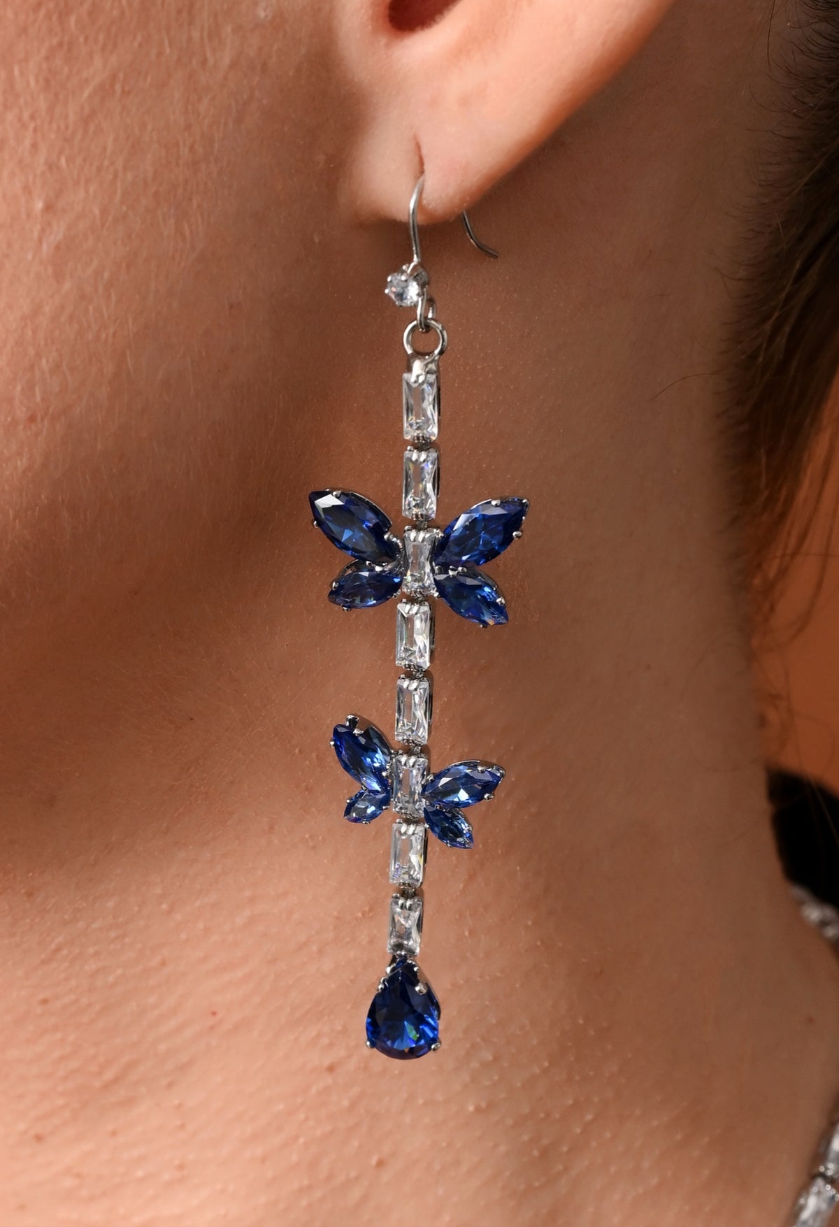 Silver-tone blue crystal butterfly necklace and drop earrings set - view 3