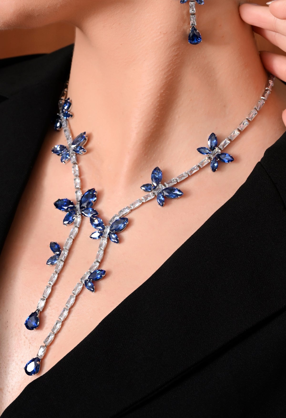Silver-tone blue crystal butterfly necklace and drop earrings set - view 4
