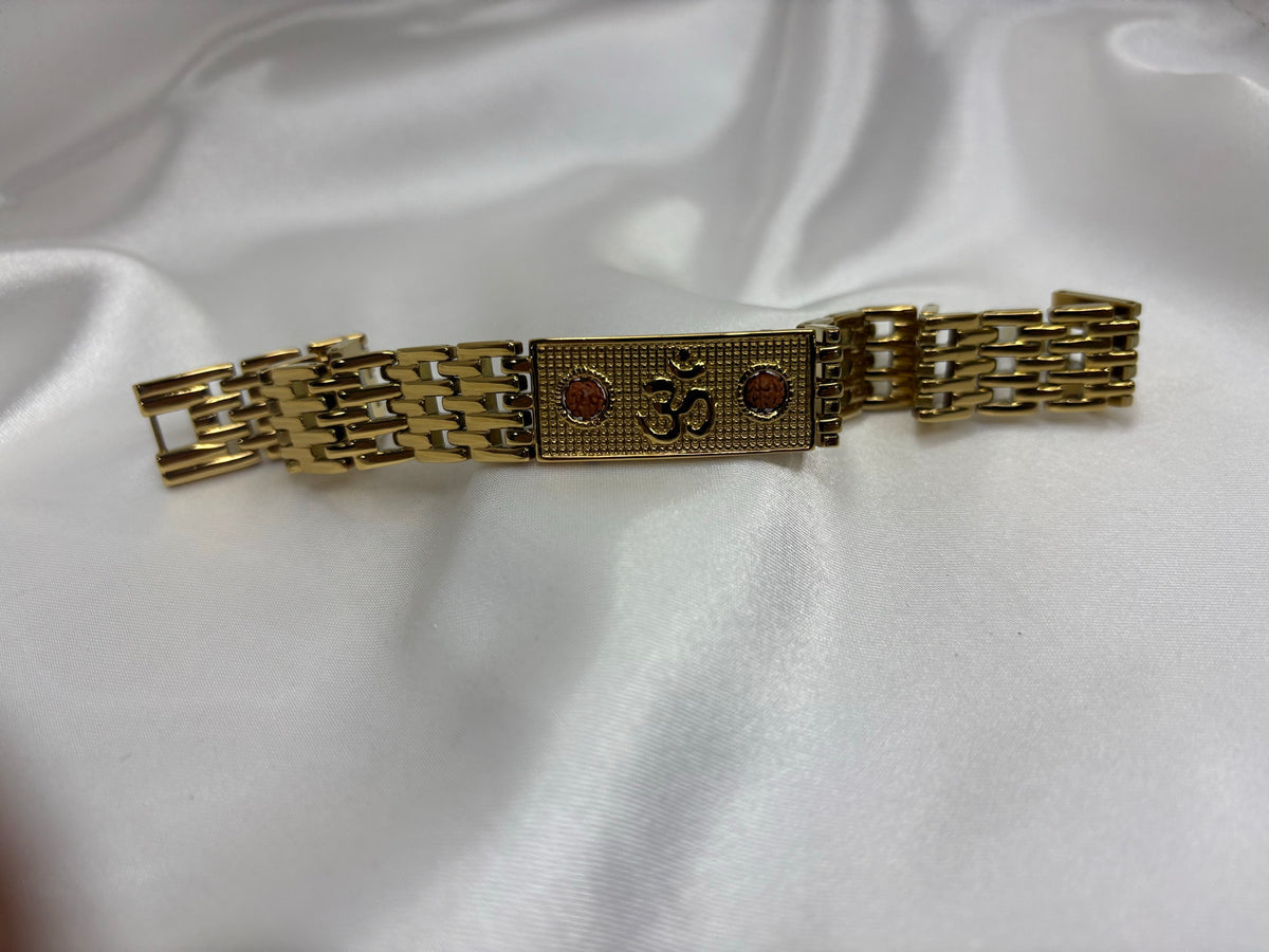 Gold-tone brick-link bracelet with Om plaque and two rudraksha beads