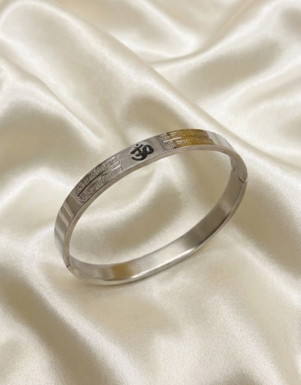 Om mantra engraved kada bracelet with black Om symbol and Devanagari script panels - view 3
