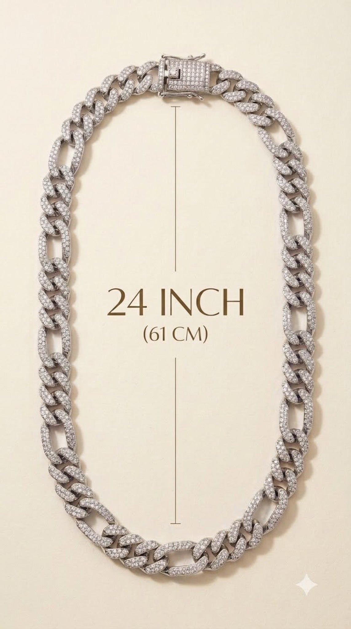 Silver-tone iced Figaro link chain with clear CZ pavé, 24 inch