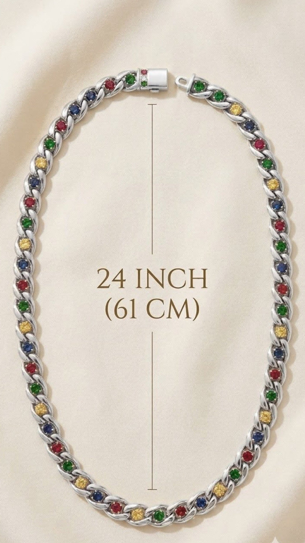 Silver-tone curb link chain set with multicoloured crystals, 24 inch