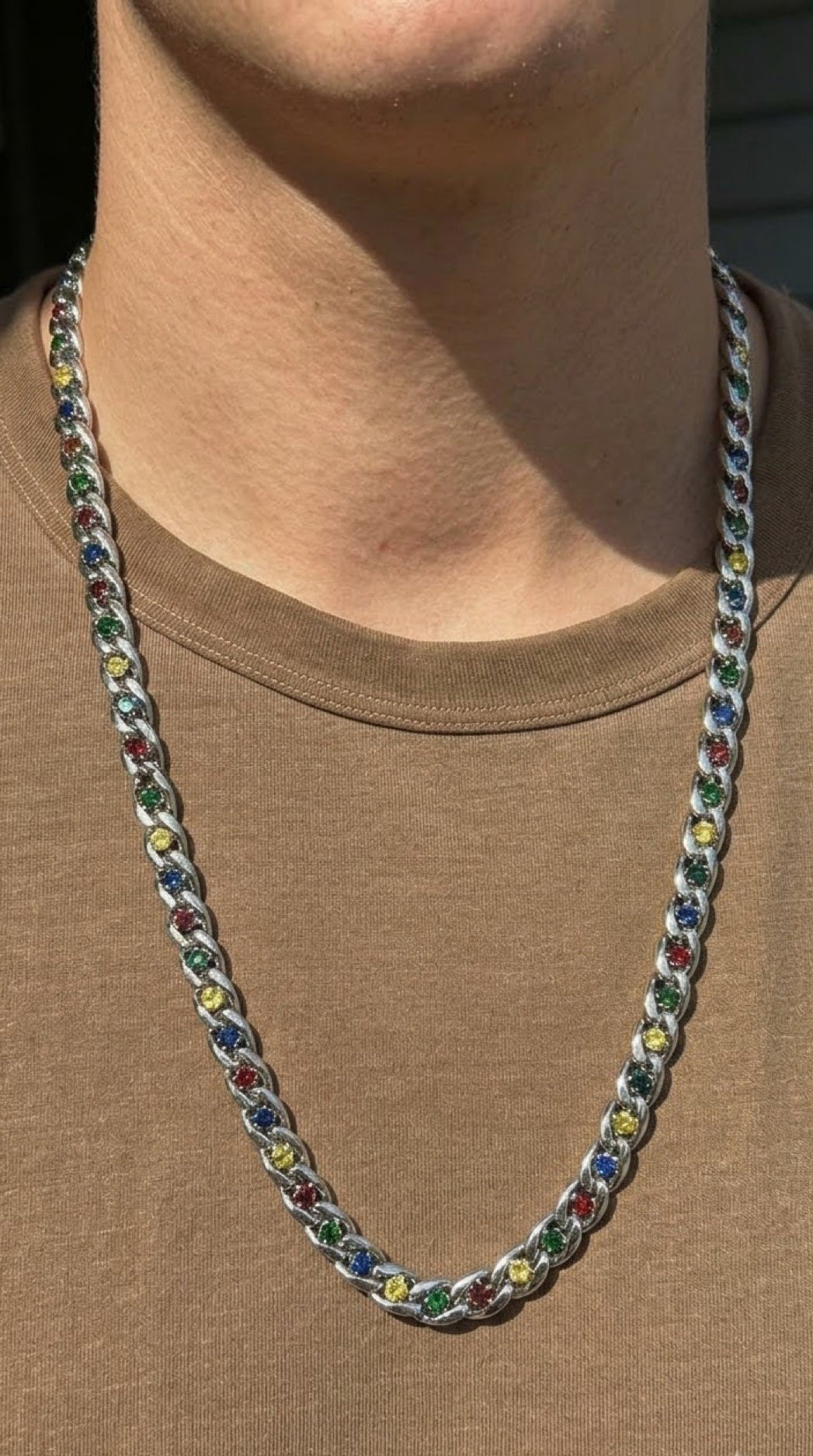 Silver-tone curb link chain set with multicoloured crystals, 24 inch - view 2