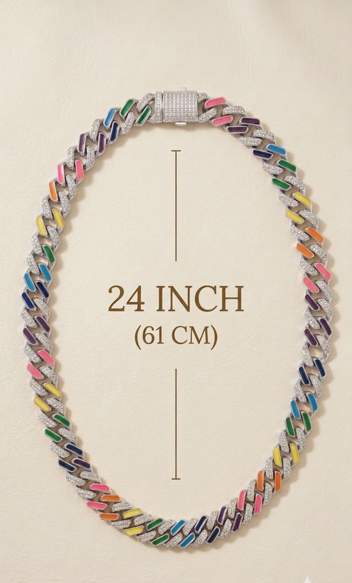 Silver-tone Cuban chain with rainbow enamel and clear CZ stripes, 24 inch