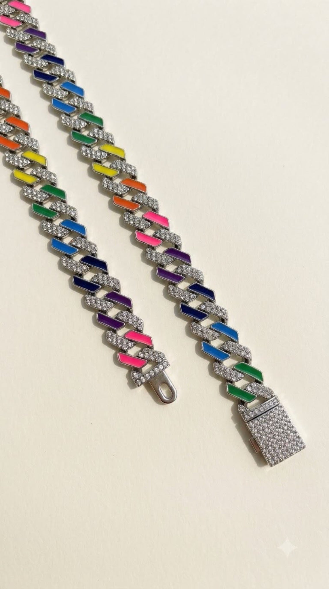 Silver-tone Cuban chain with rainbow enamel and clear CZ stripes, 24 inch - view 2