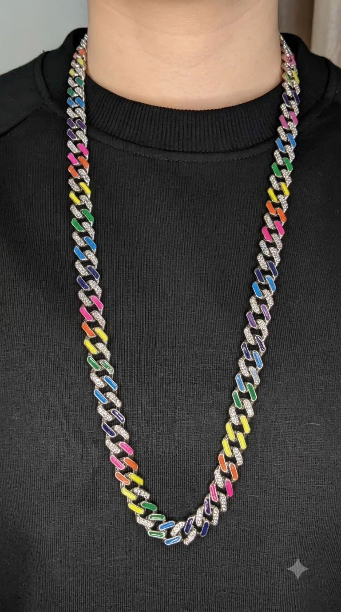 Silver-tone Cuban chain with rainbow enamel and clear CZ stripes, 24 inch - view 3