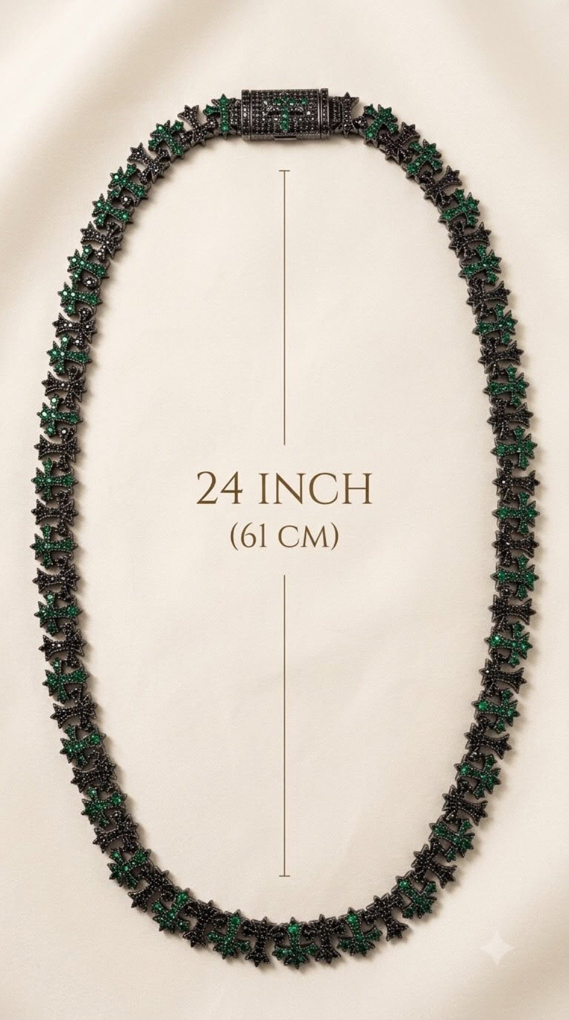 Black-tone cluster link chain set with emerald-green and black crystals, 24 inch