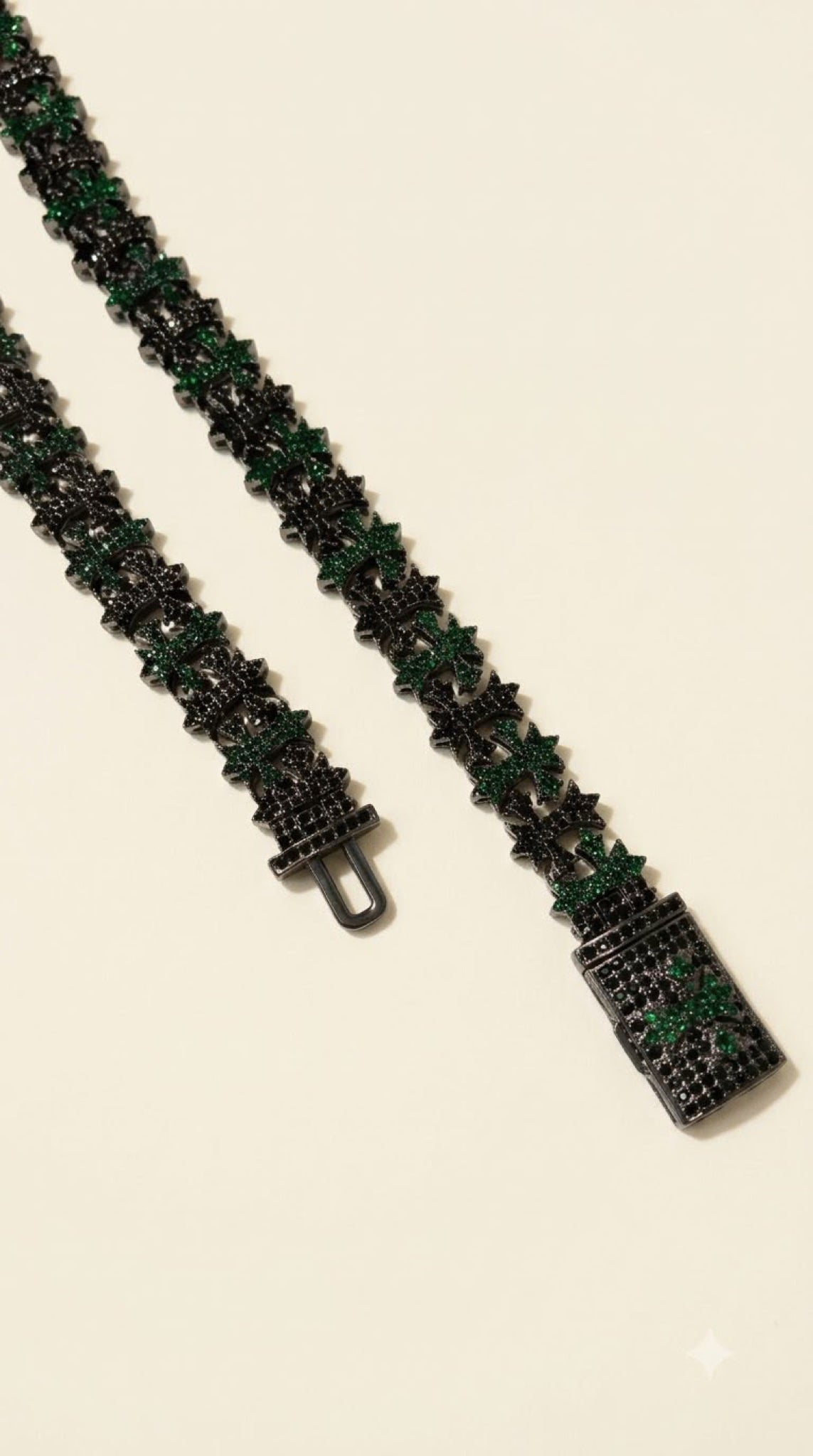 Black-tone cluster link chain set with emerald-green and black crystals, 24 inch - view 2