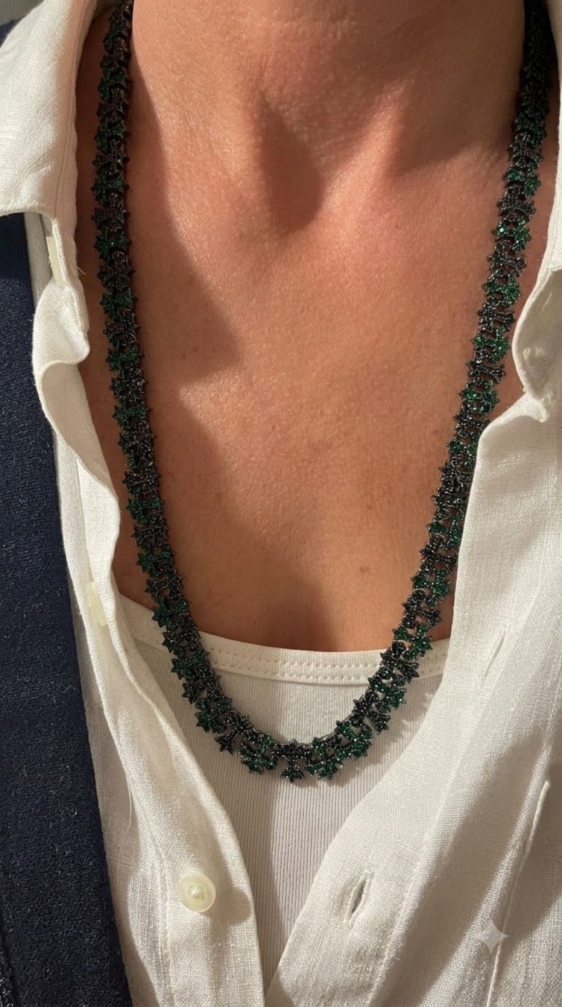 Black-tone cluster link chain set with emerald-green and black crystals, 24 inch - view 3