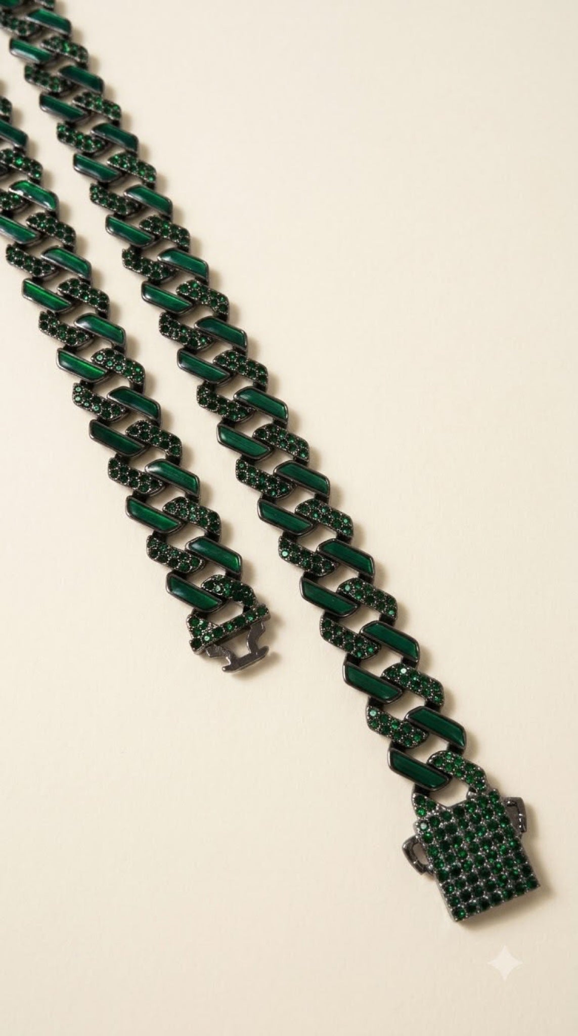 Black-tone Cuban chain with green enamel and green crystal accents, 24 inch - view 2