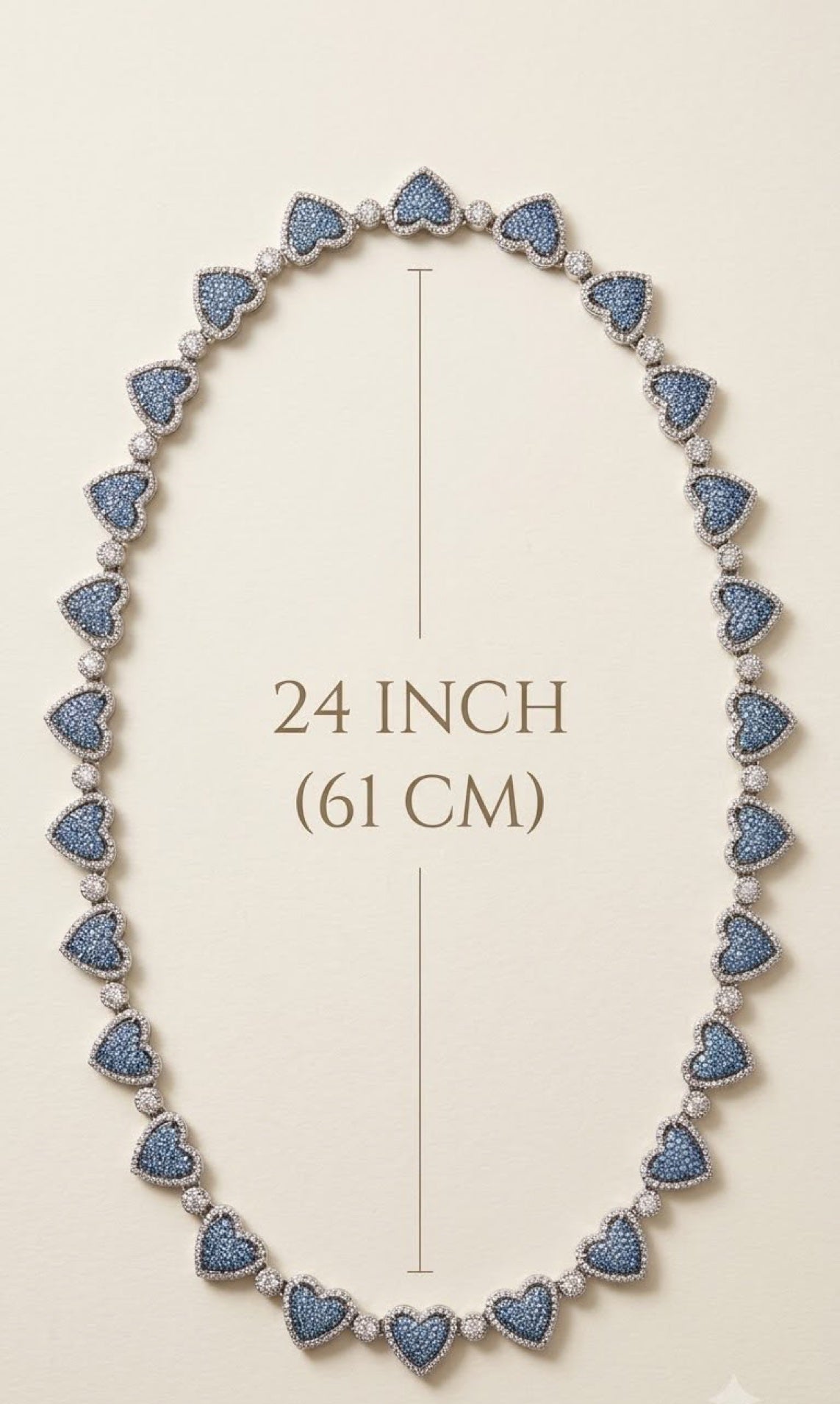 Silver-tone heart chain with blue crystal pavé and clear crystal halos, 24 inch