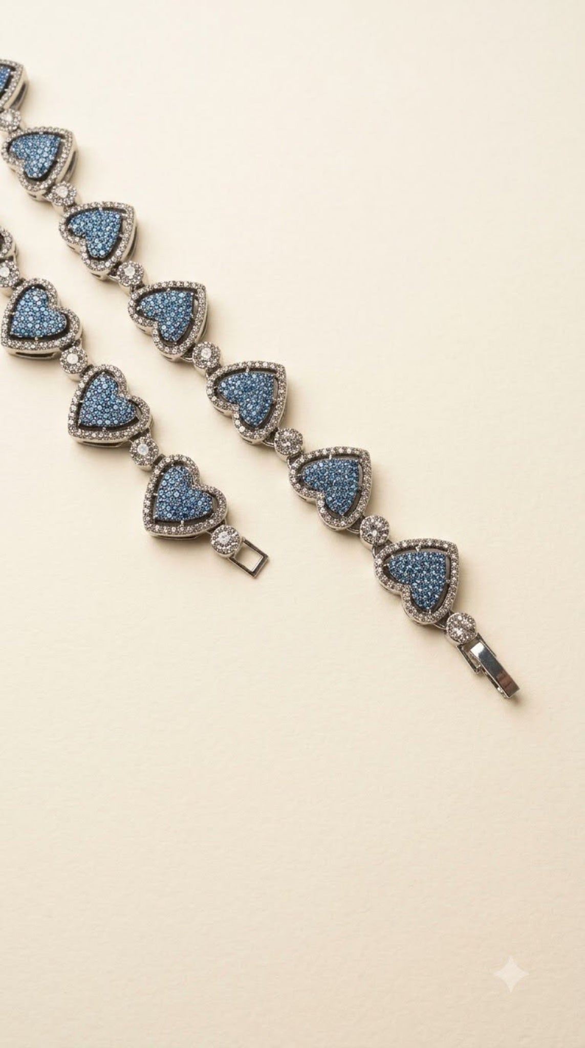 Silver-tone heart chain with blue crystal pavé and clear crystal halos, 24 inch - view 2