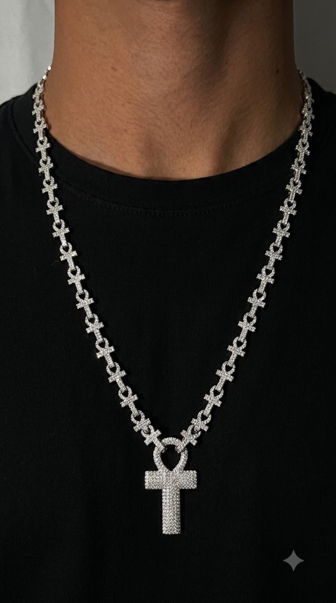 Silver-tone cross link chain with pavé ankh pendant, clear CZ, 24 inch - view 3