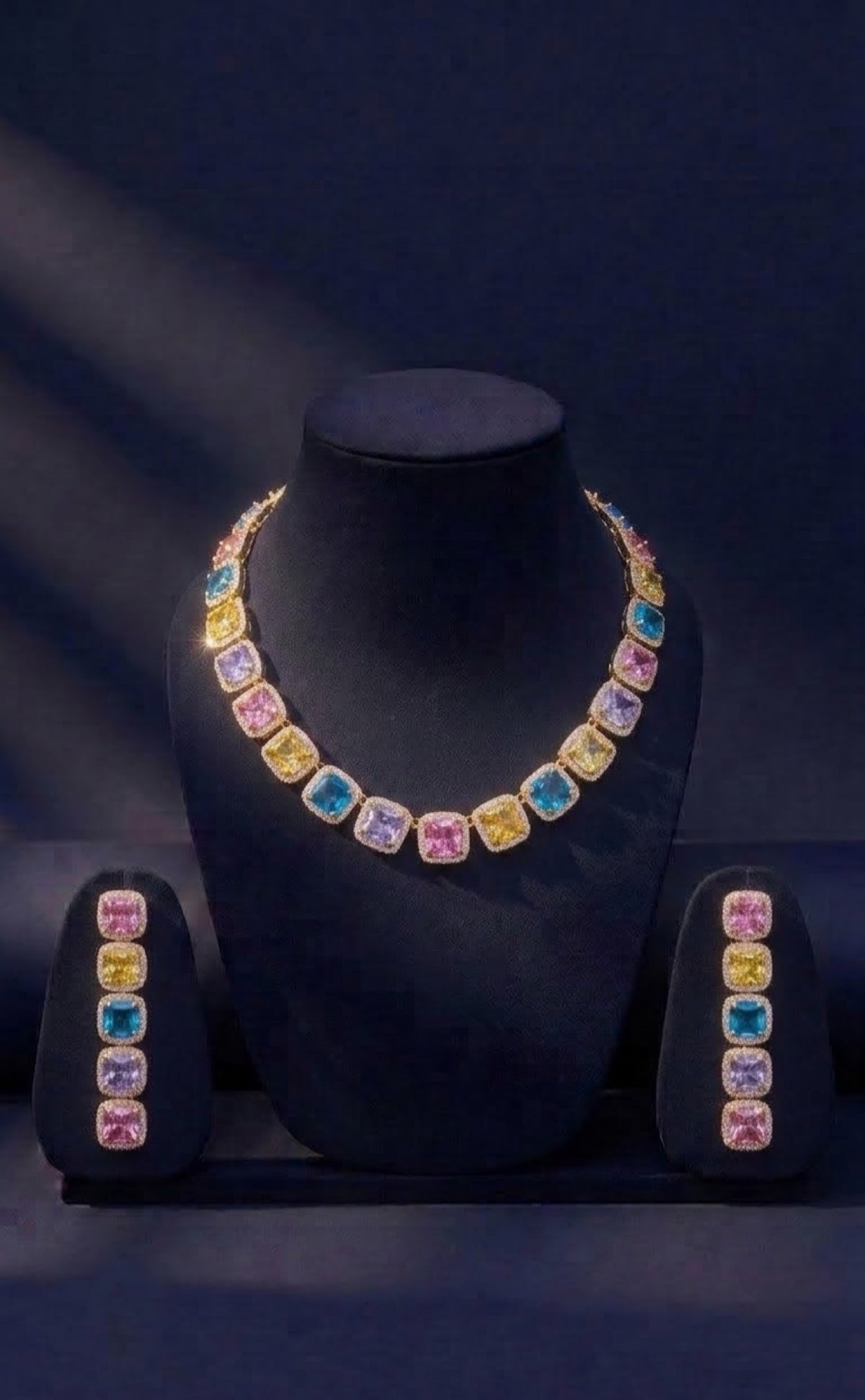 Gold-tone pastel cushion-cut crystal necklace set with linear drop earrings