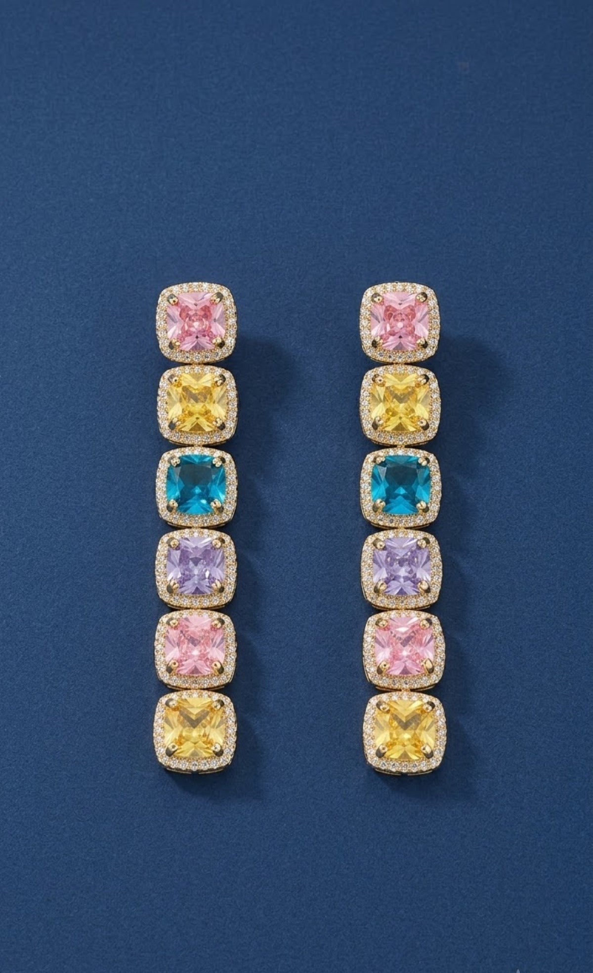 Gold-tone pastel cushion-cut crystal necklace set with linear drop earrings - view 2