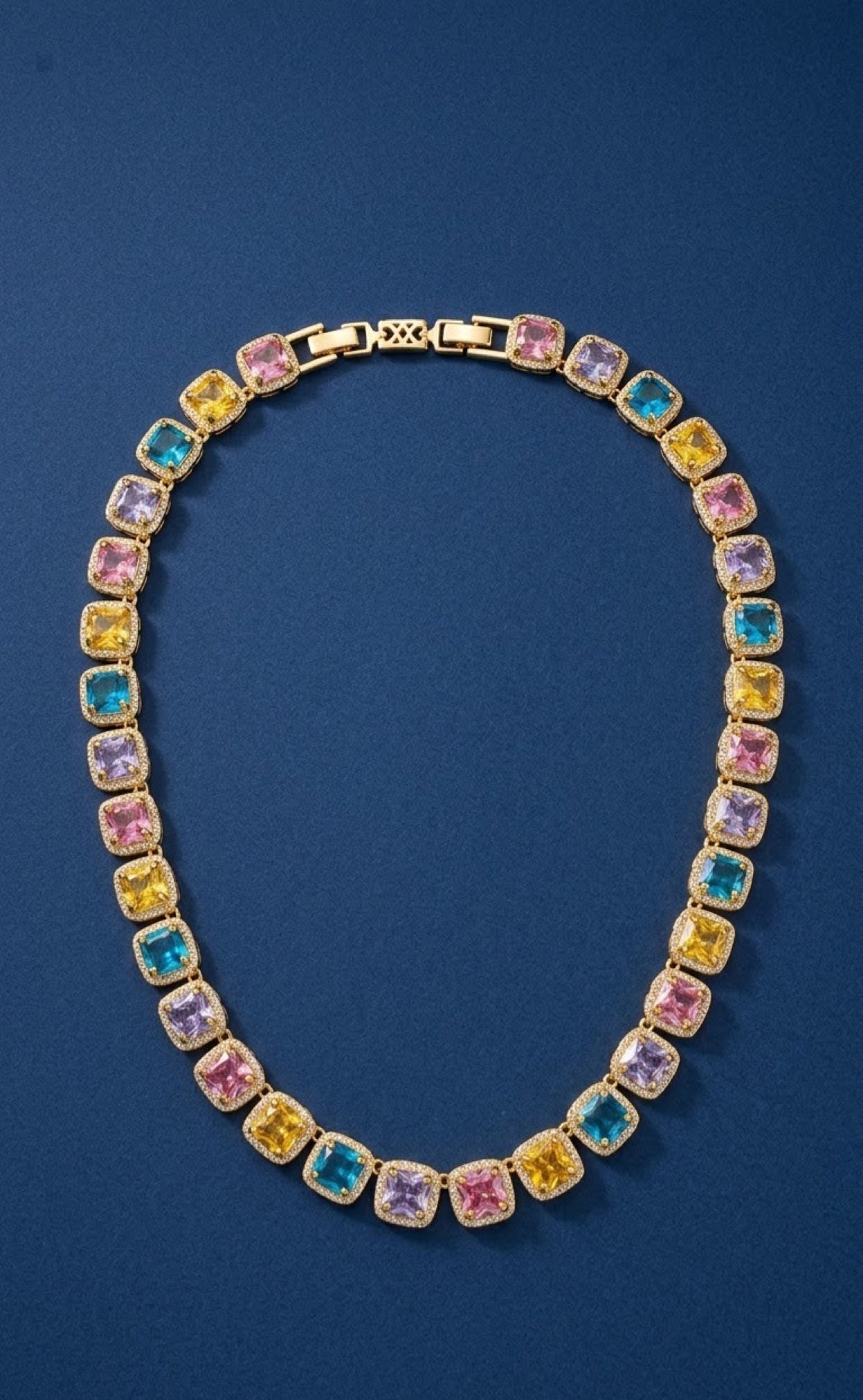 Gold-tone pastel cushion-cut crystal necklace set with linear drop earrings - view 3
